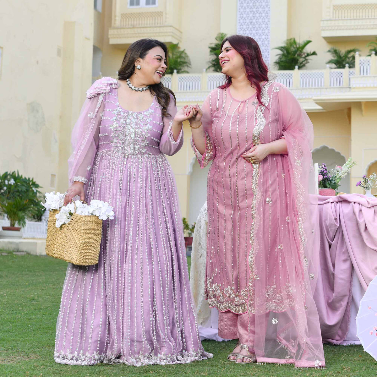 Dione- Periwinkle Pearl & Sequin Embroidered Net Cape Lehenga Set