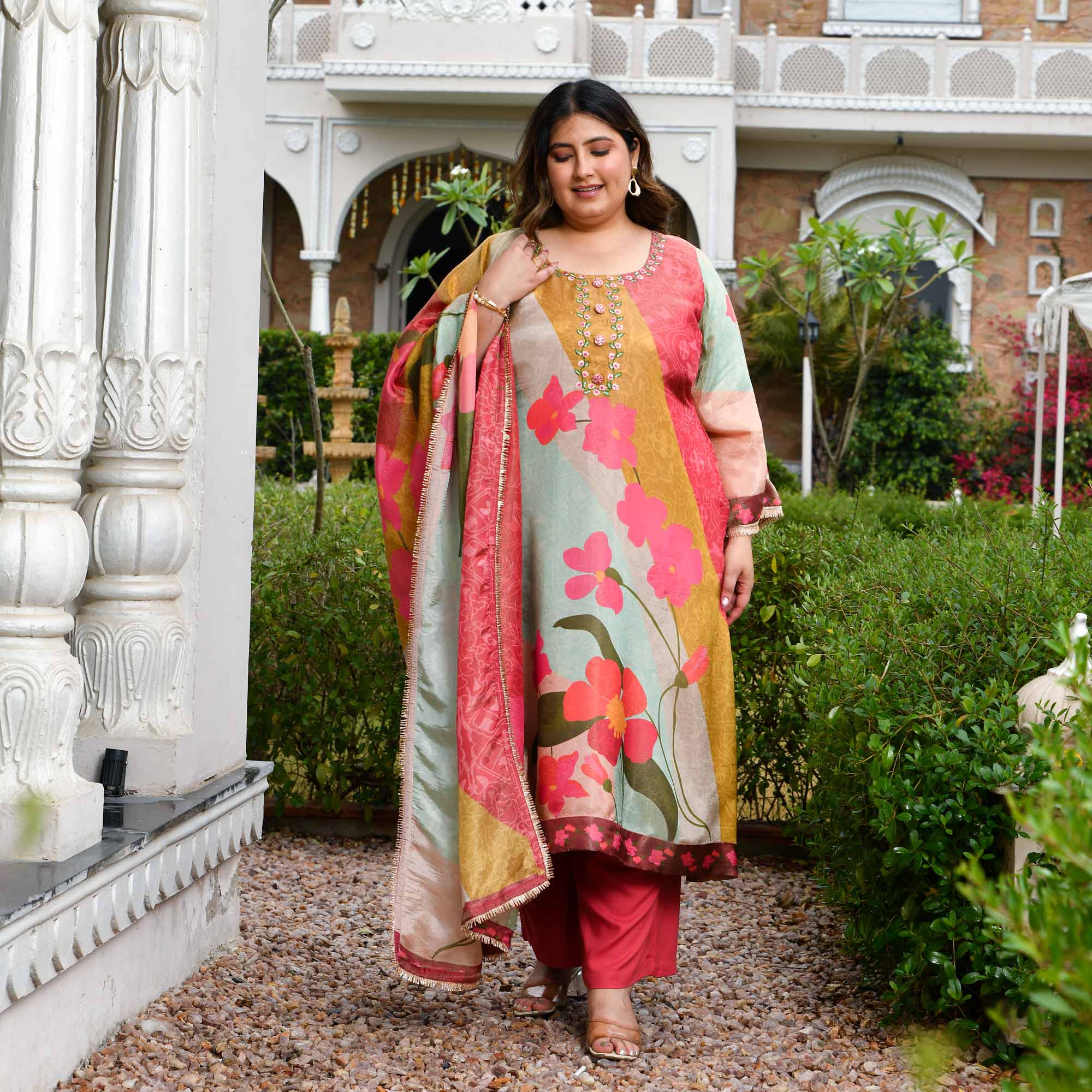 Gardenia- Strawberry Floral Printed Pure Tissue Organza Suit Set