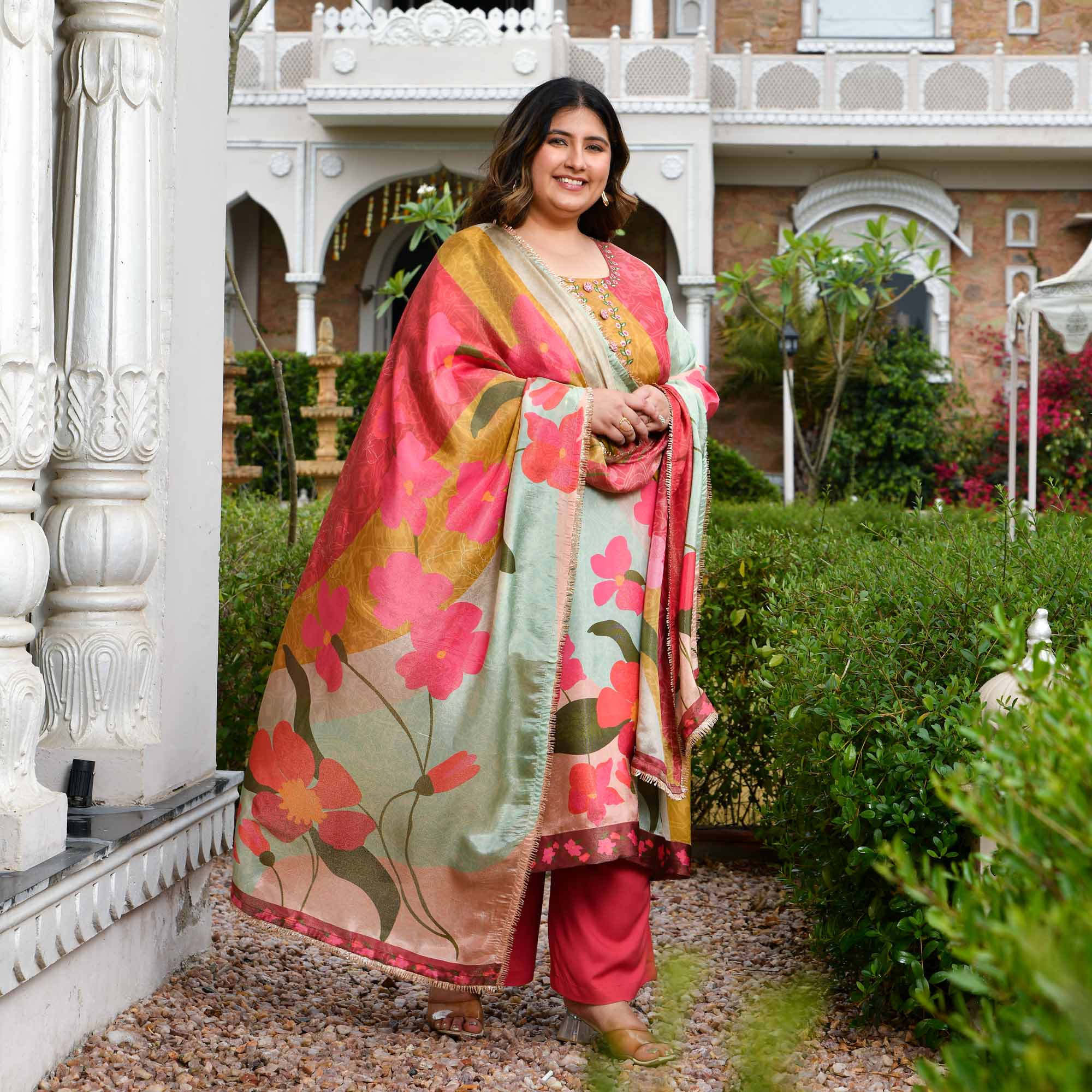 Gardenia- Strawberry Floral Printed Pure Tissue Organza Suit Set