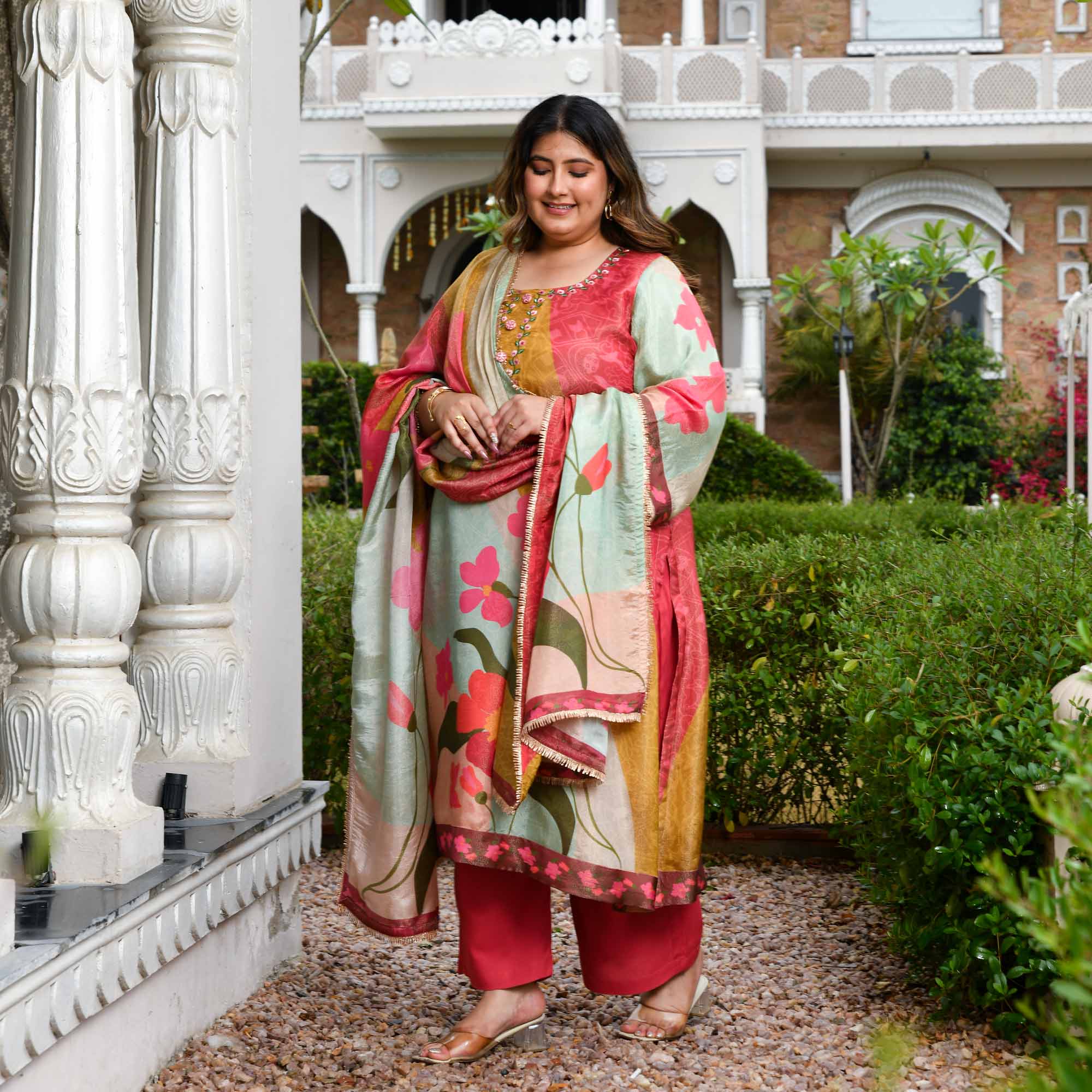 Gardenia- Strawberry Floral Printed Pure Tissue Organza Suit Set
