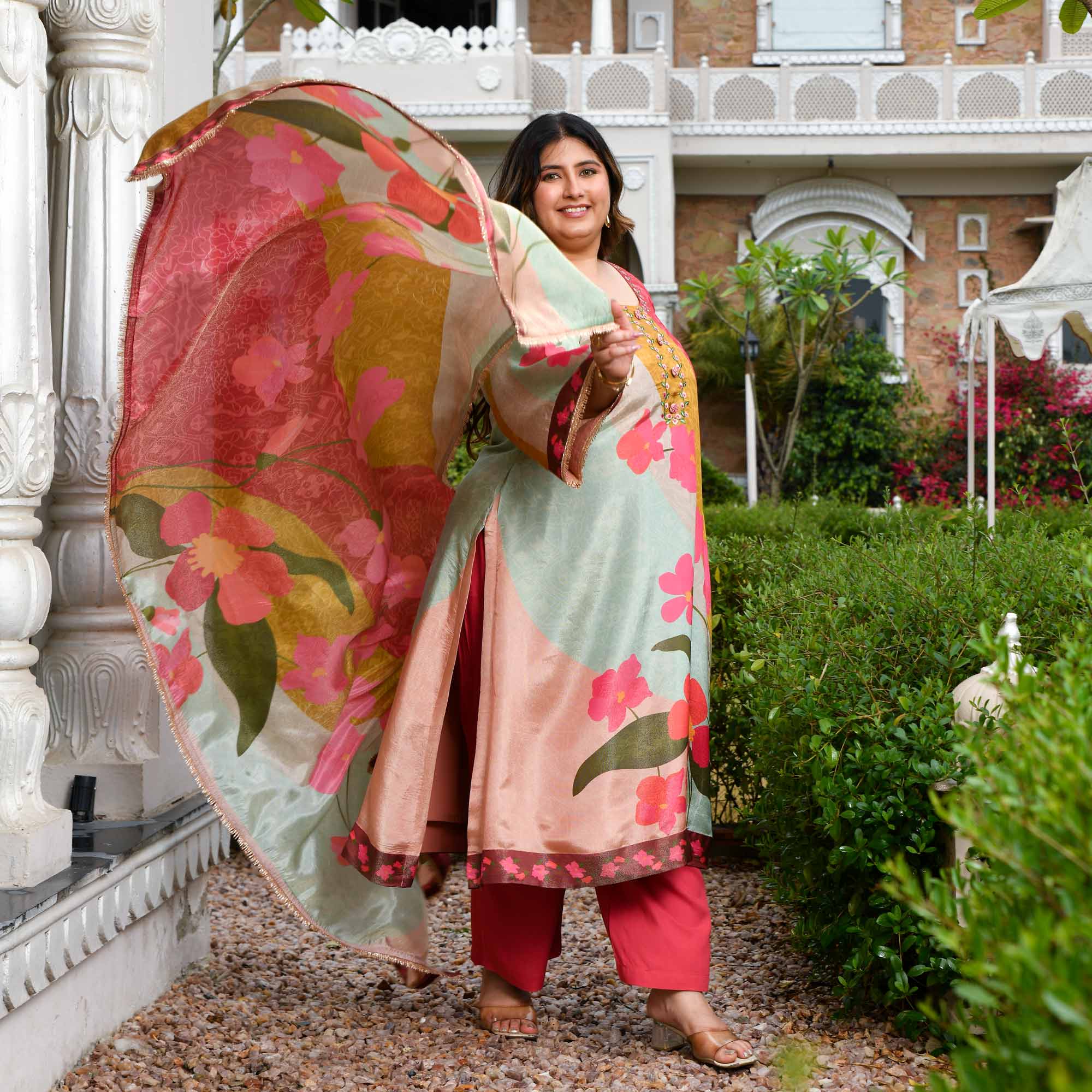 Gardenia- Strawberry Floral Printed Pure Tissue Organza Suit Set