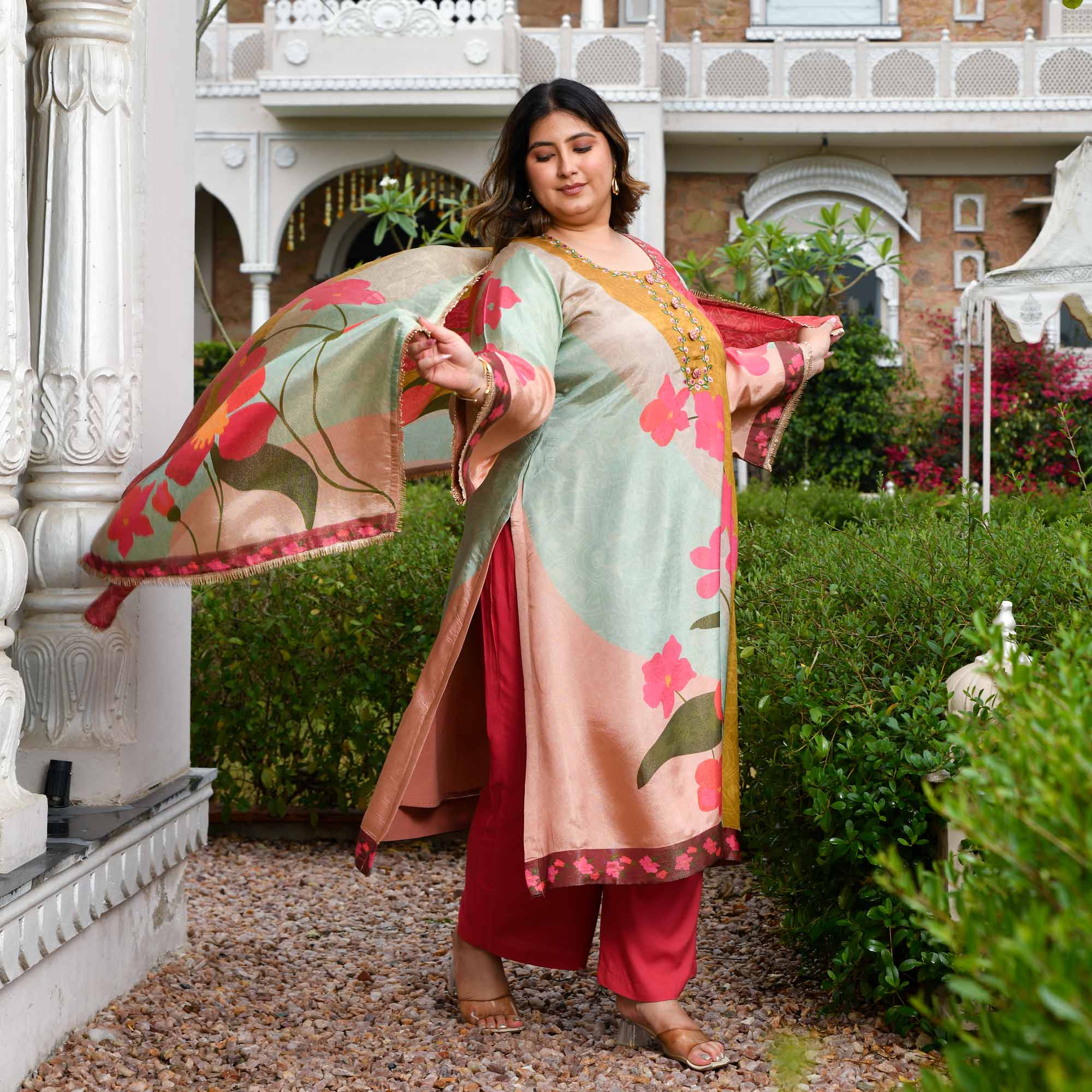 Gardenia- Strawberry Floral Printed Pure Tissue Organza Suit Set
