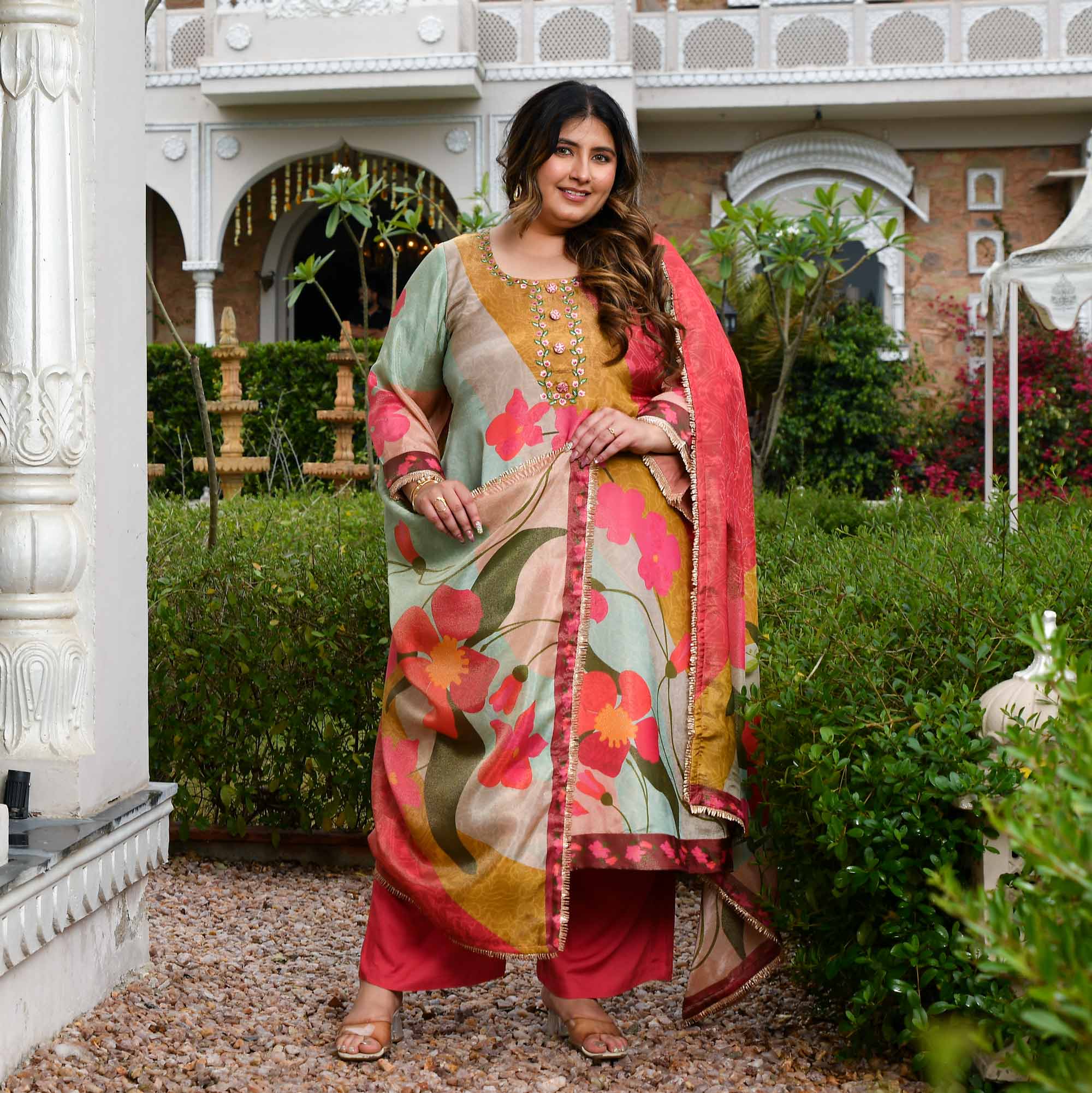 Gardenia- Strawberry Floral Printed Pure Tissue Organza Suit Set