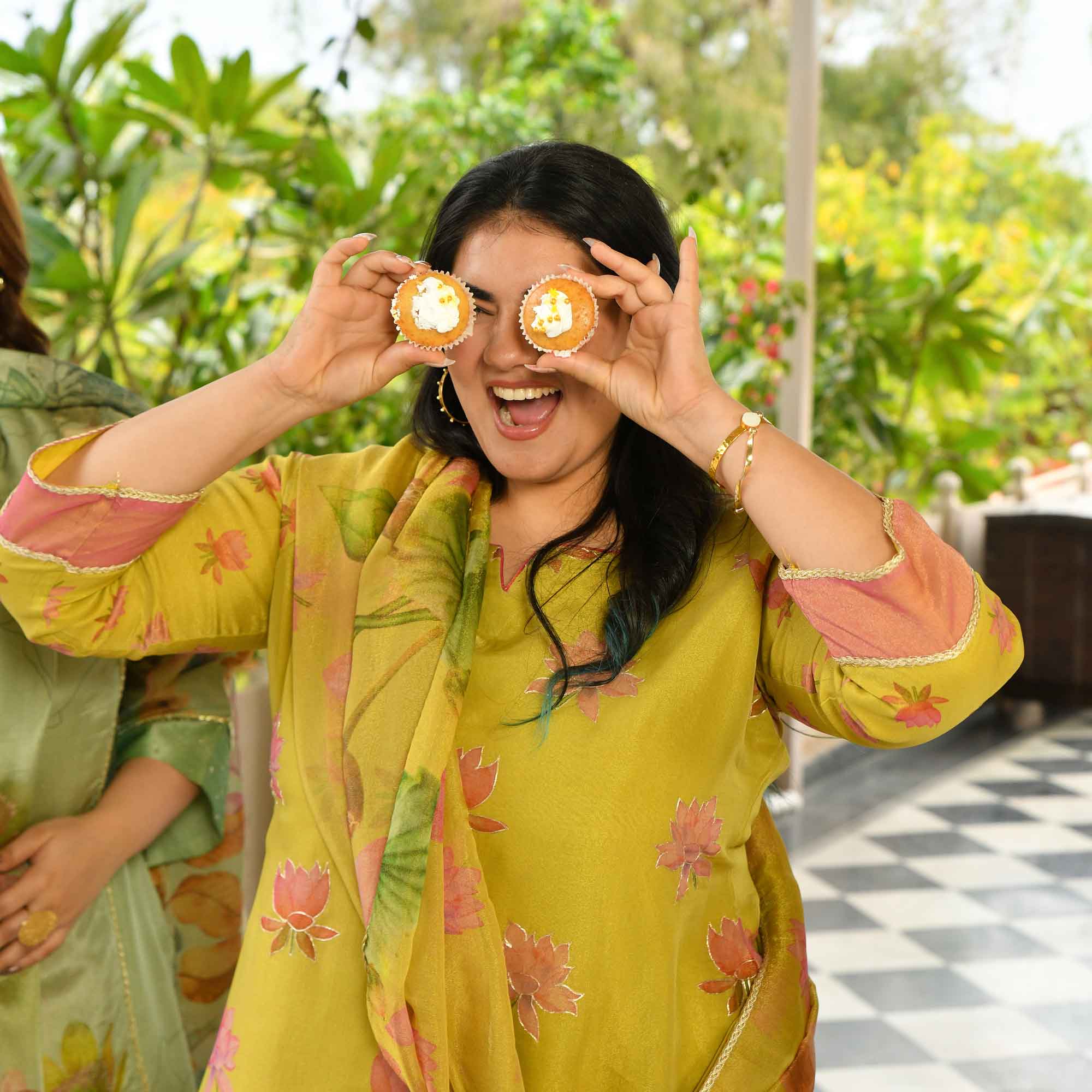 Morning Date- Dusky Yellow Lotus Printed Pure Tissue Organza Suit Set