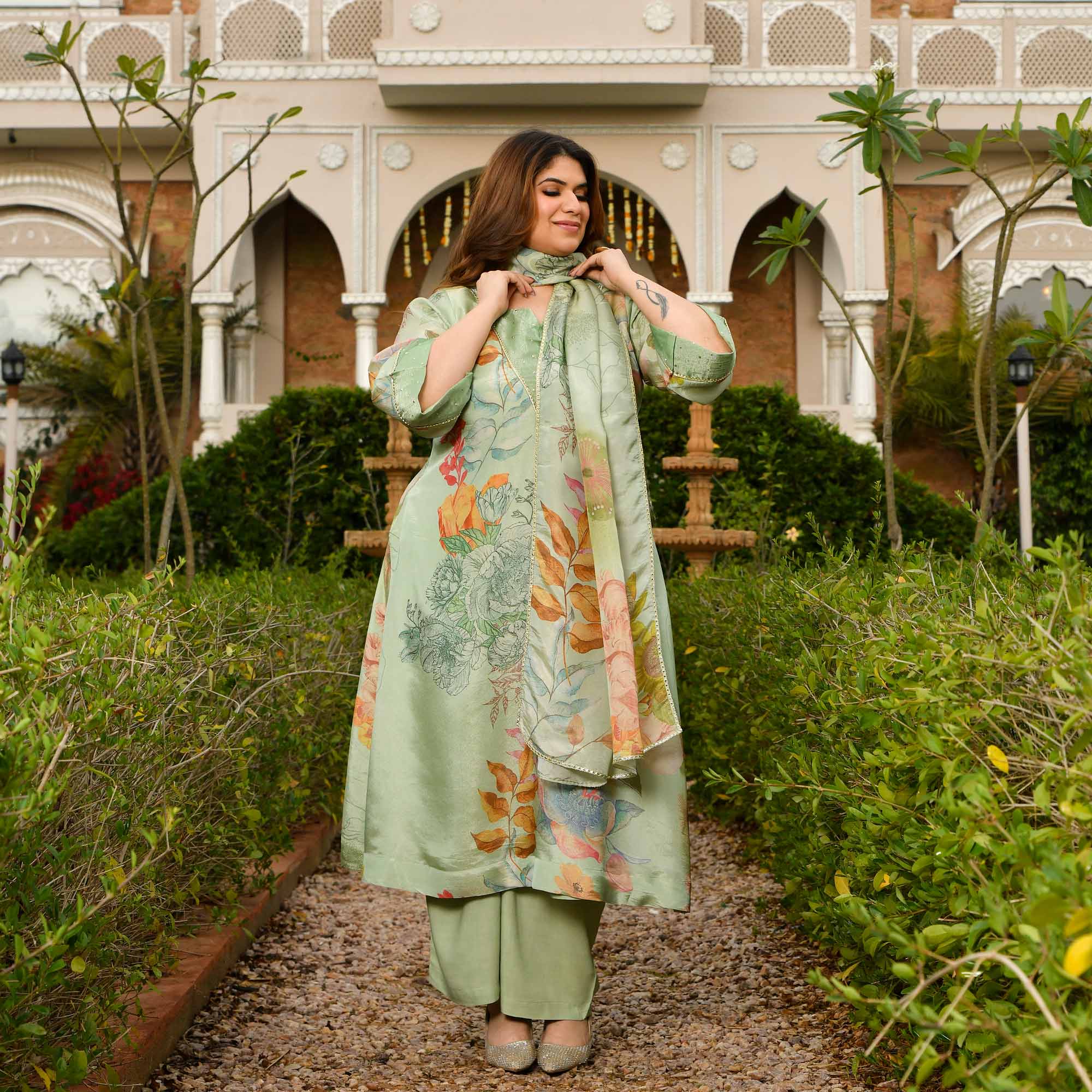 Vanilla Love- Mint Green Floral Printed Pure Tissue Organza Suit Set