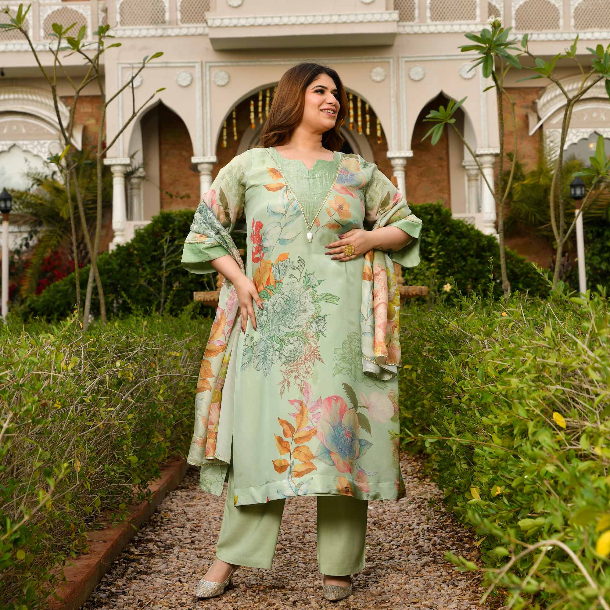 Vanilla Love- Mint Green Floral Printed Pure Tissue Organza Suit Set