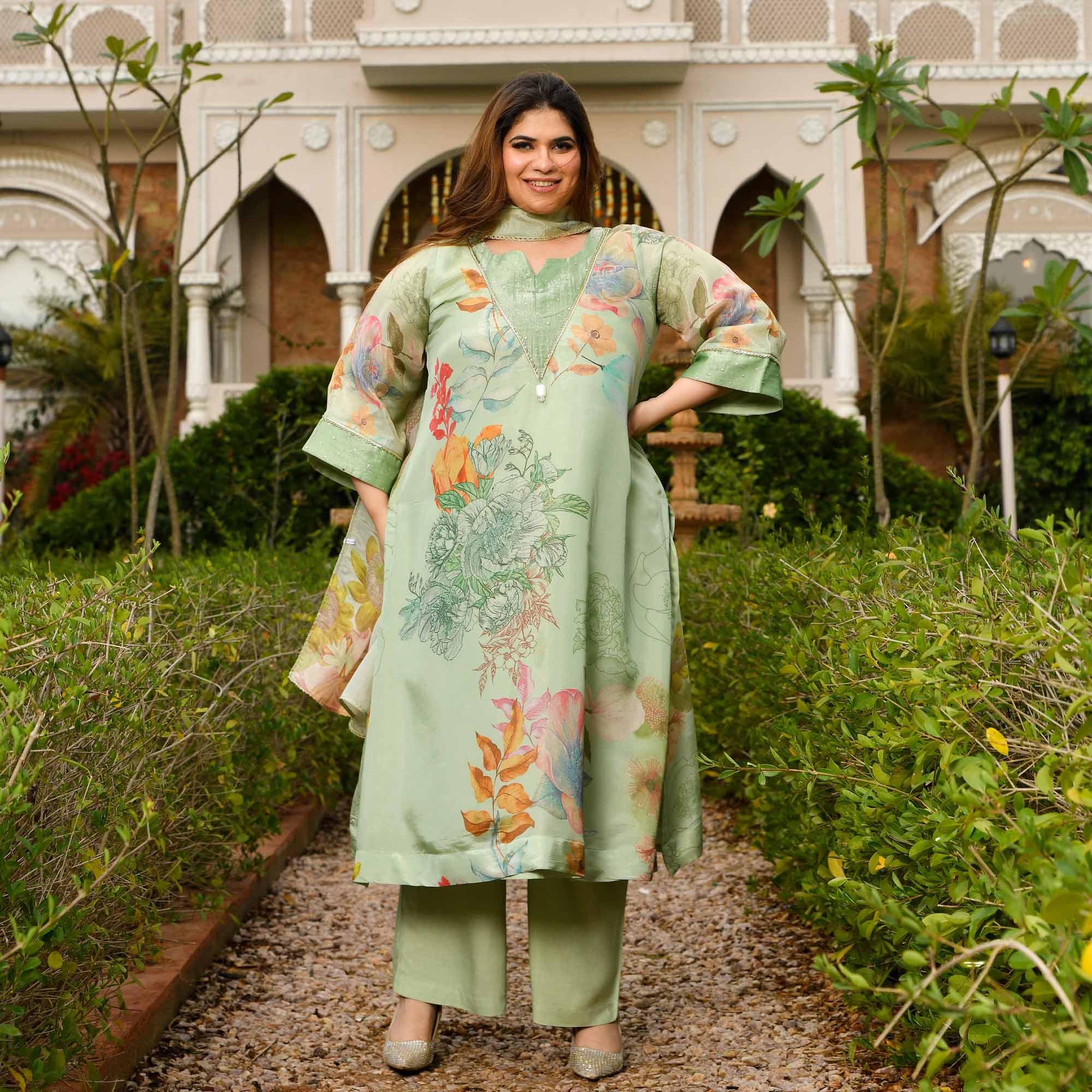 Vanilla Love- Mint Green Floral Printed Pure Tissue Organza Suit Set
