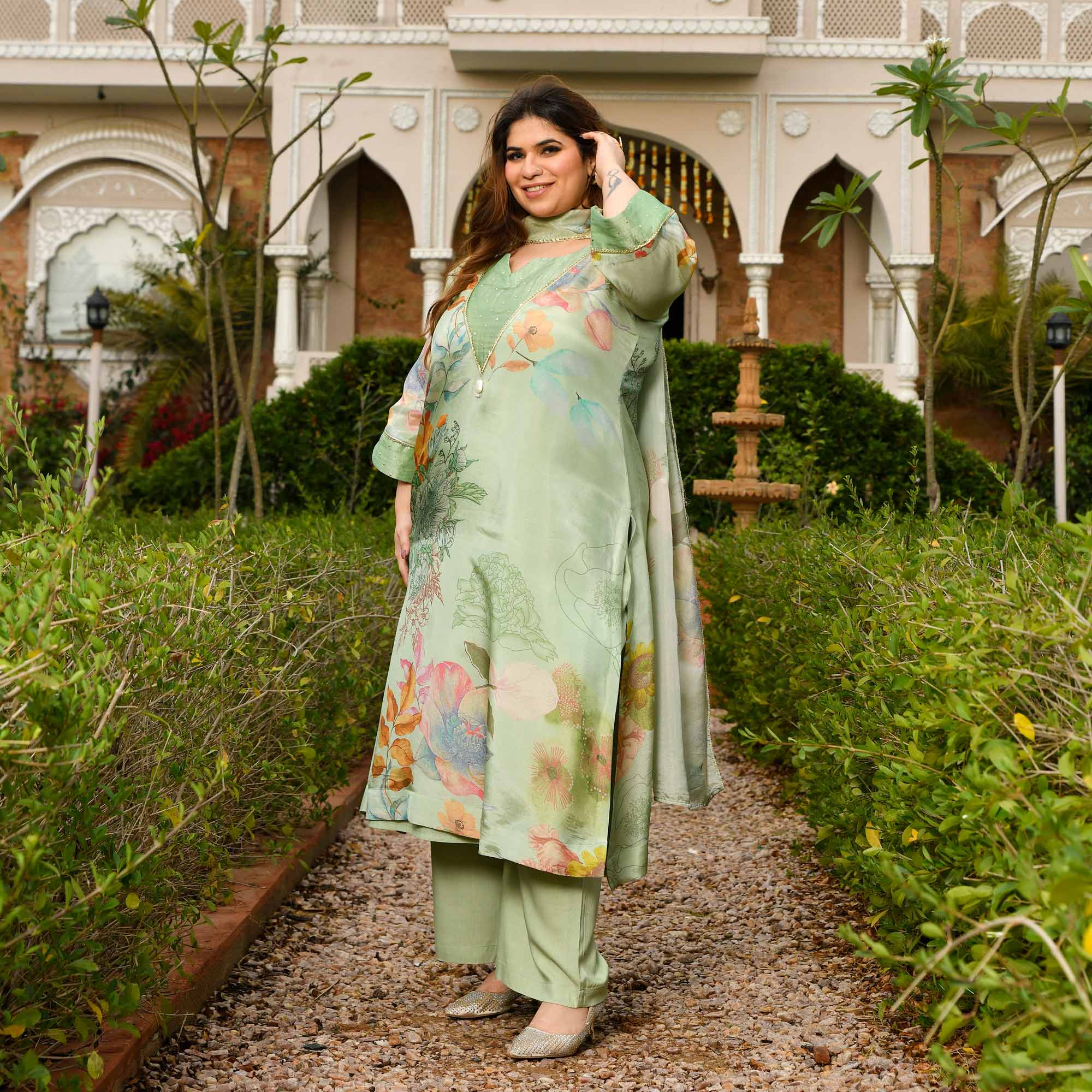 Vanilla Love- Mint Green Floral Printed Pure Tissue Organza Suit Set