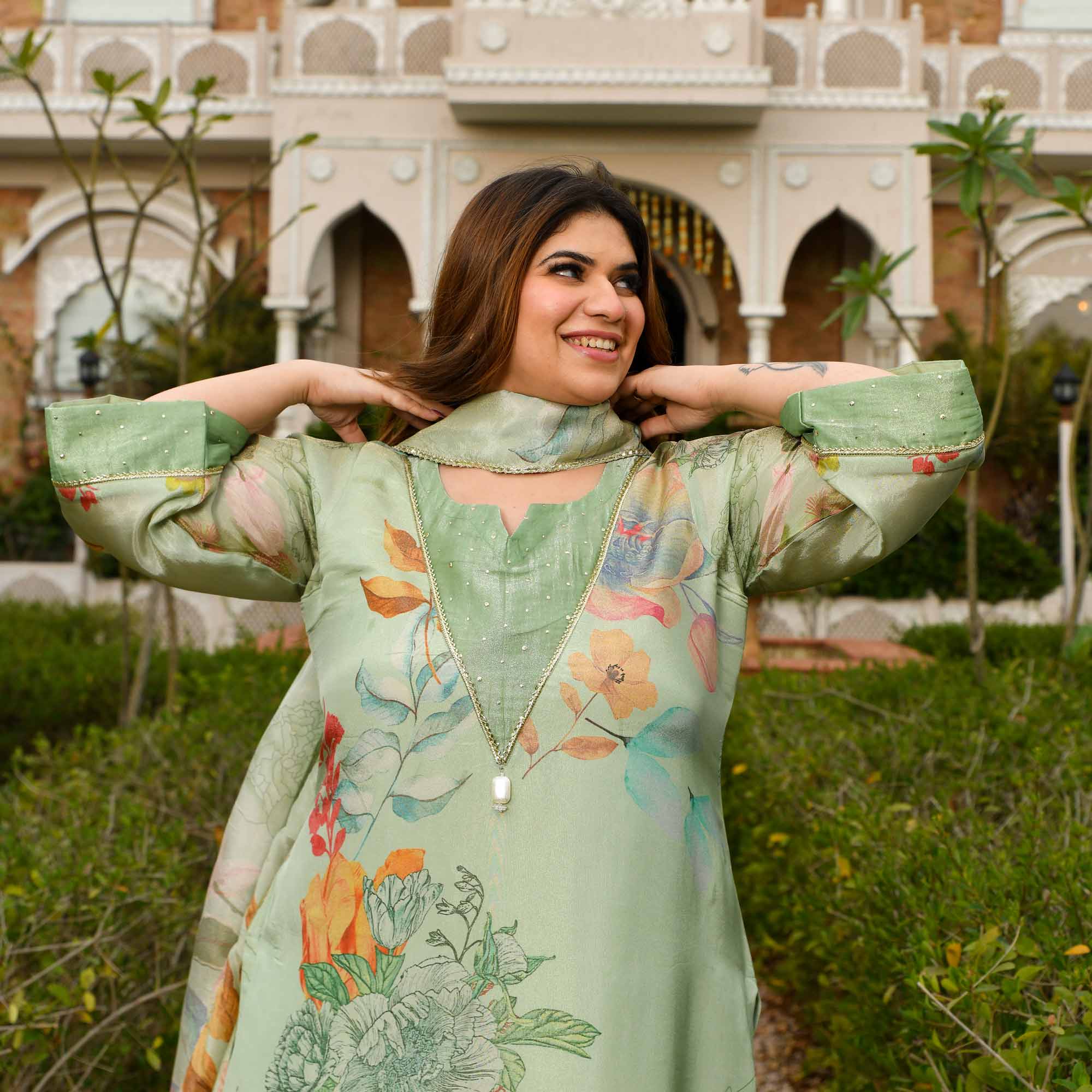 Vanilla Love- Mint Green Floral Printed Pure Tissue Organza Suit Set