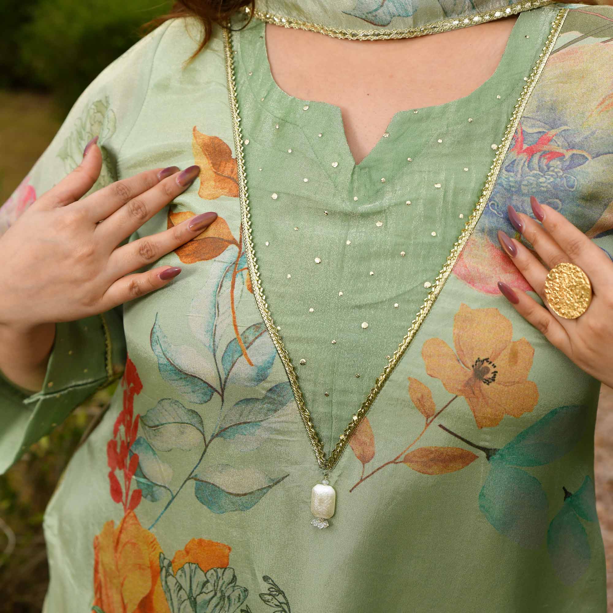 Vanilla Love- Mint Green Floral Printed Pure Tissue Organza Suit Set