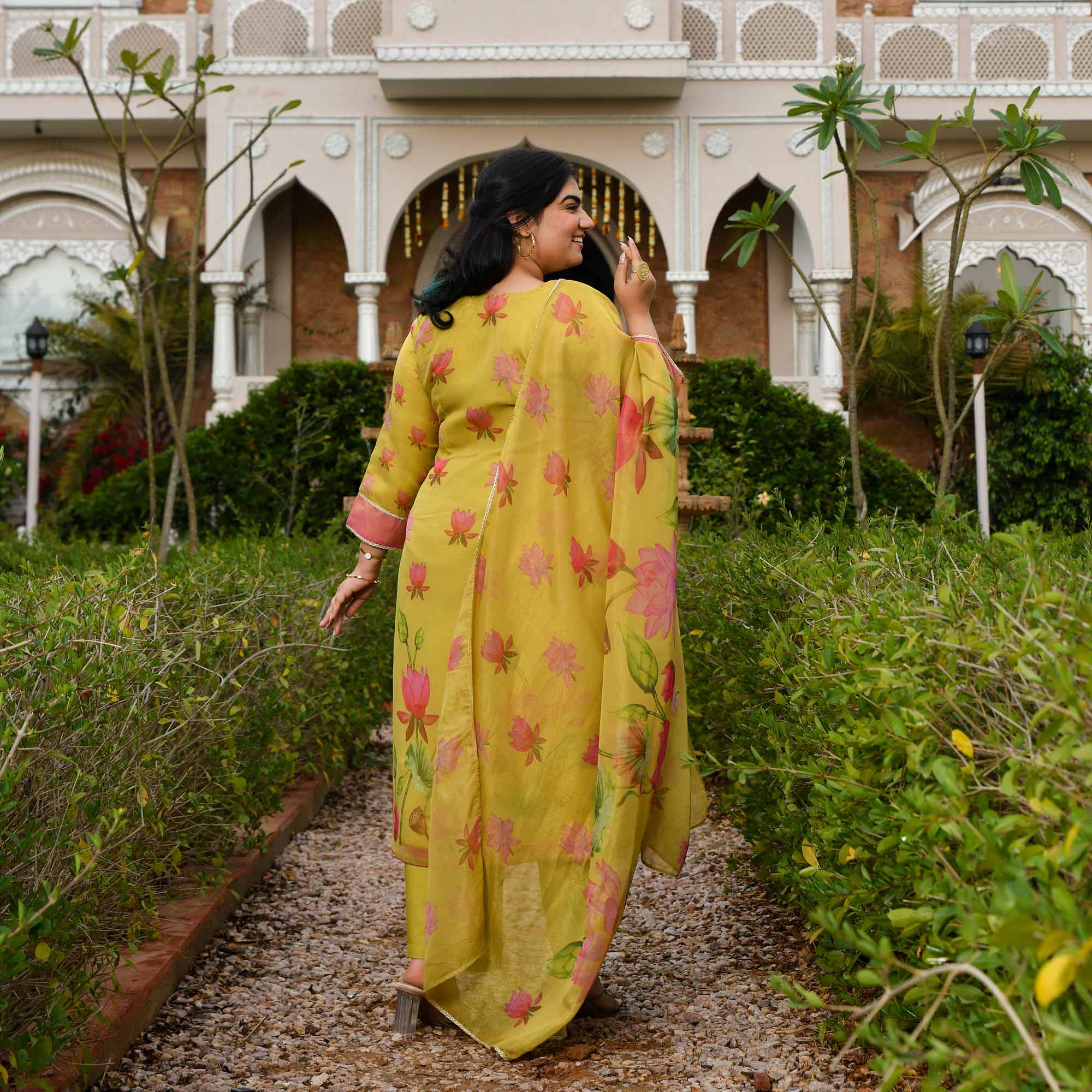 Morning Date- Dusky Yellow Lotus Printed Pure Tissue Organza Suit Set