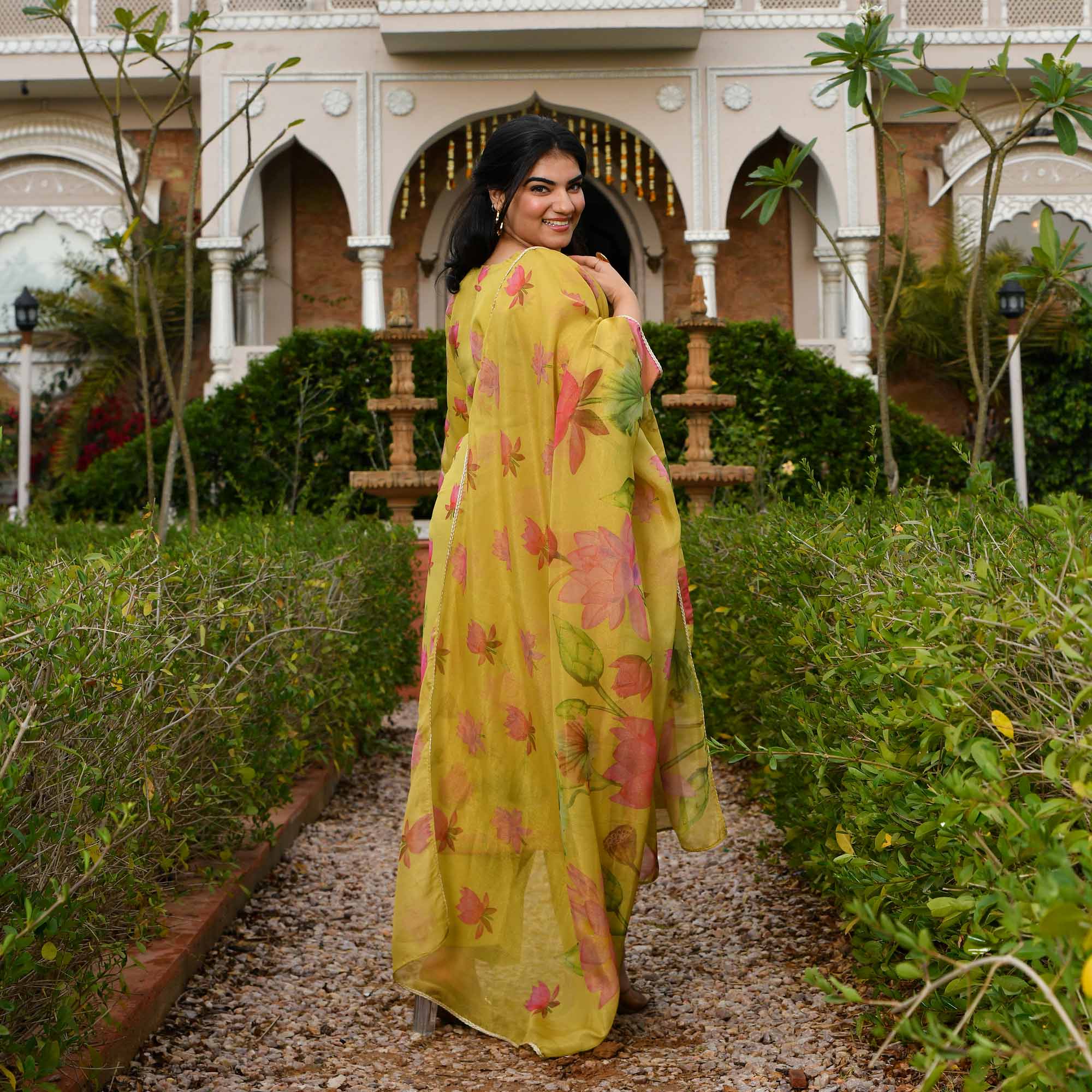 Morning Date- Dusky Yellow Lotus Printed Pure Tissue Organza Suit Set