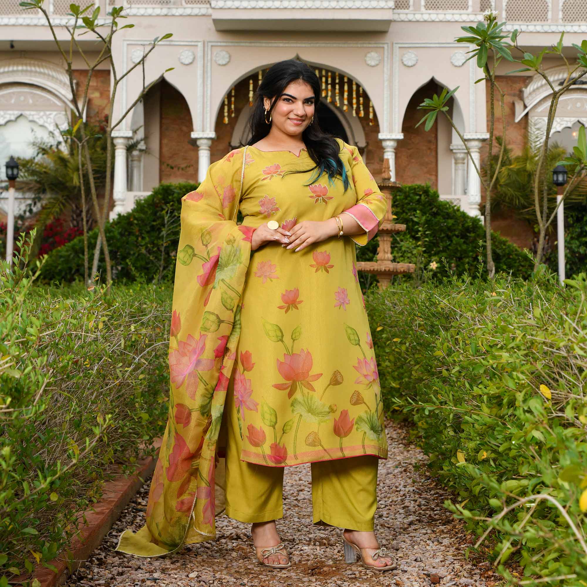 Morning Date- Dusky Yellow Lotus Printed Pure Tissue Organza Suit Set