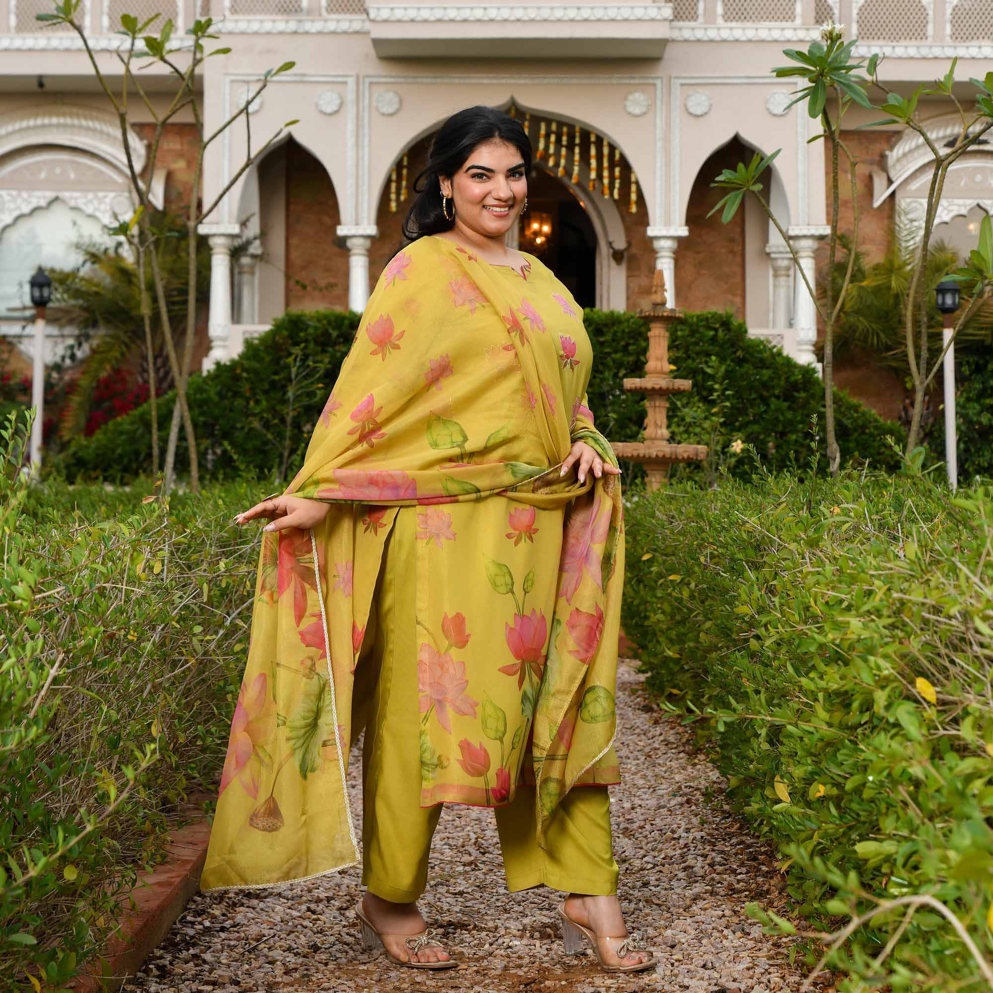 Morning Date- Dusky Yellow Lotus Printed Pure Tissue Organza Suit Set