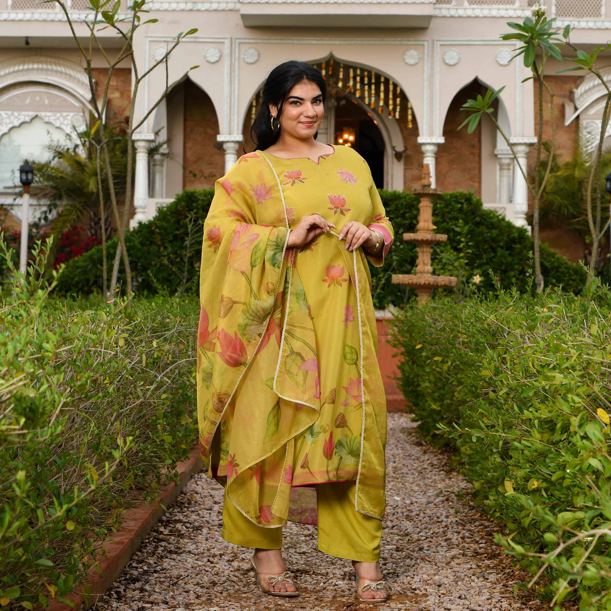 Morning Date- Dusky Yellow Lotus Printed Pure Tissue Organza Suit Set
