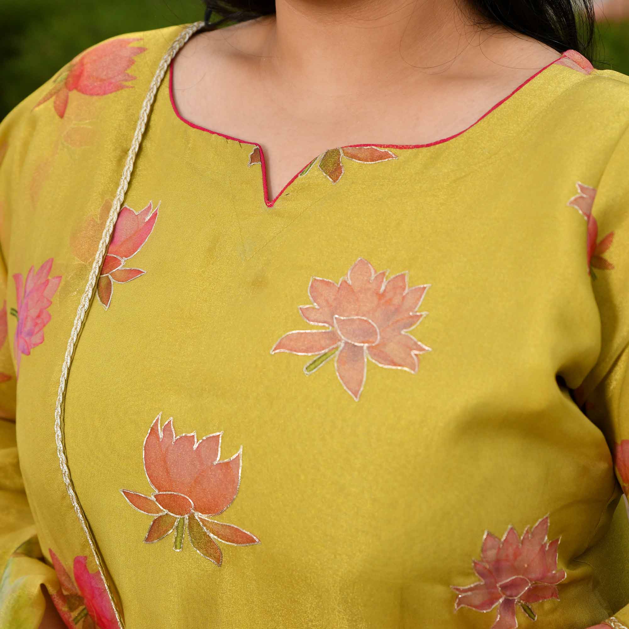 Morning Date- Dusky Yellow Lotus Printed Pure Tissue Organza Suit Set