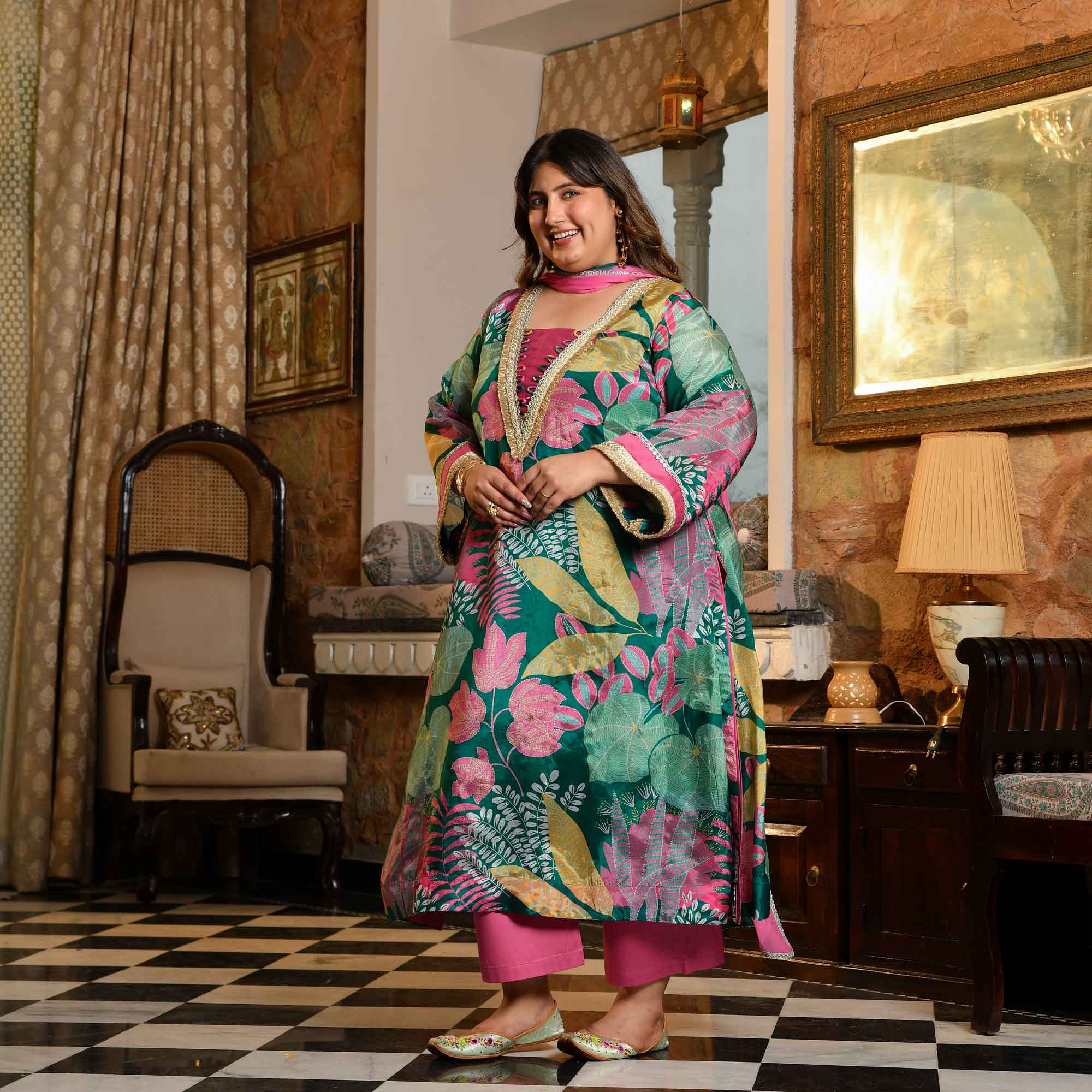 Water Lily- Teal Tropical Printed Pure Organza Suit Set