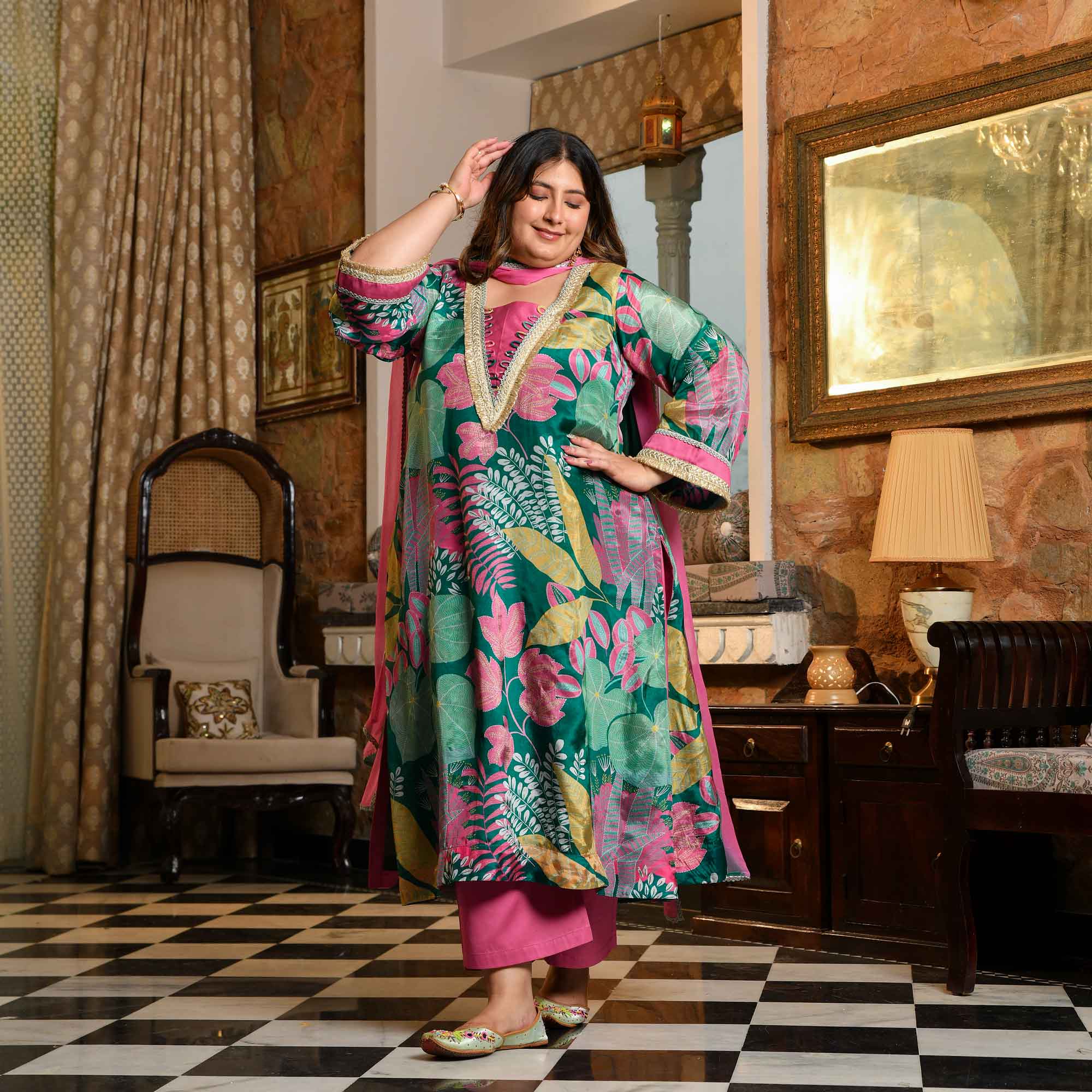 Water Lily- Teal Tropical Printed Pure Organza Suit Set