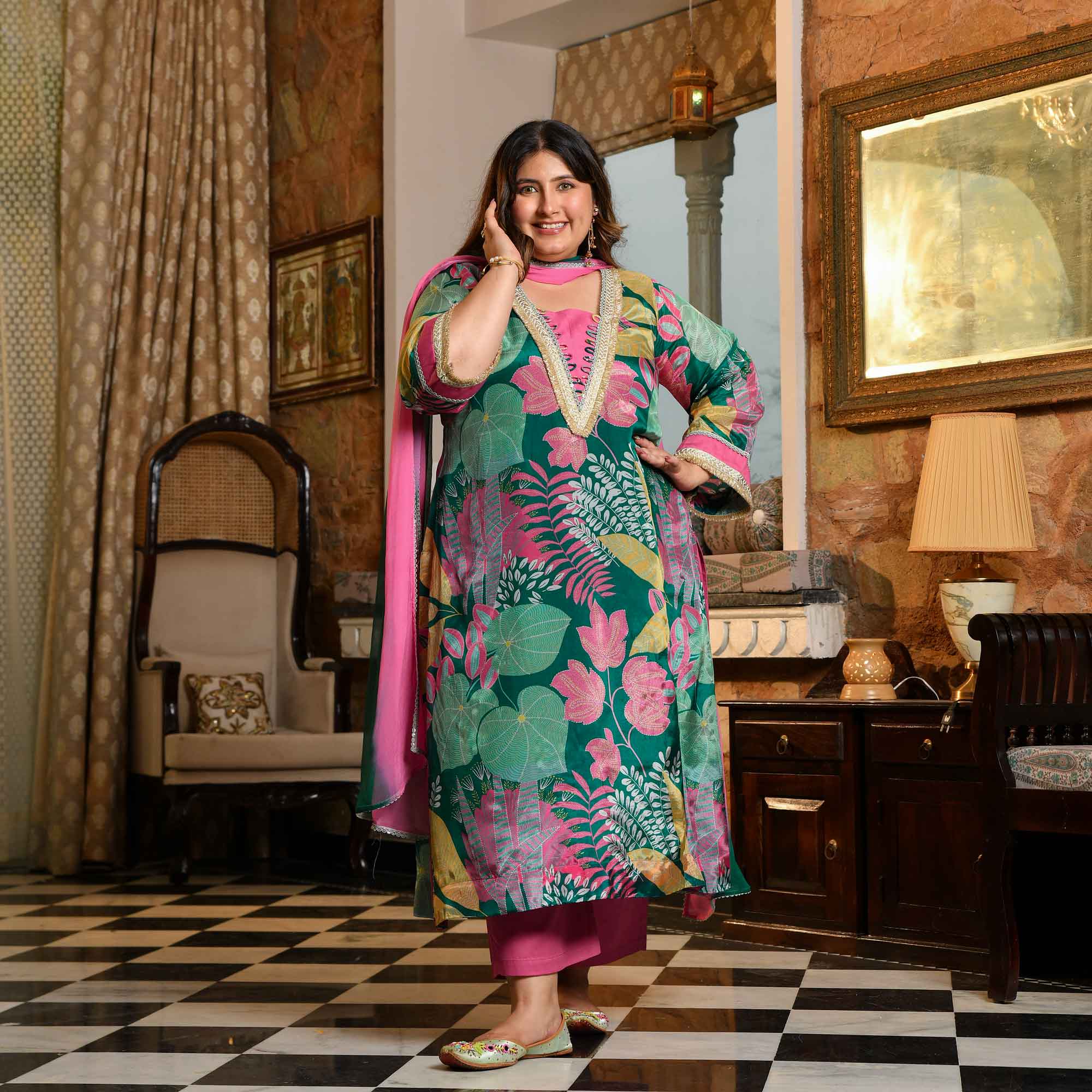 Water Lily- Teal Tropical Printed Pure Organza Suit Set