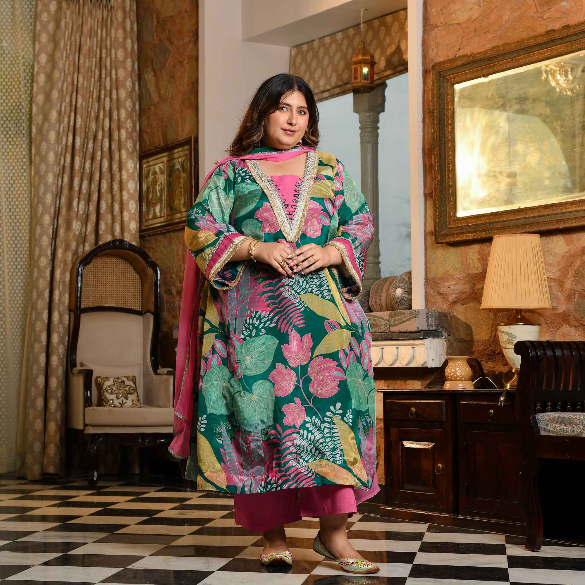 Water Lily- Teal Tropical Printed Pure Organza Suit Set