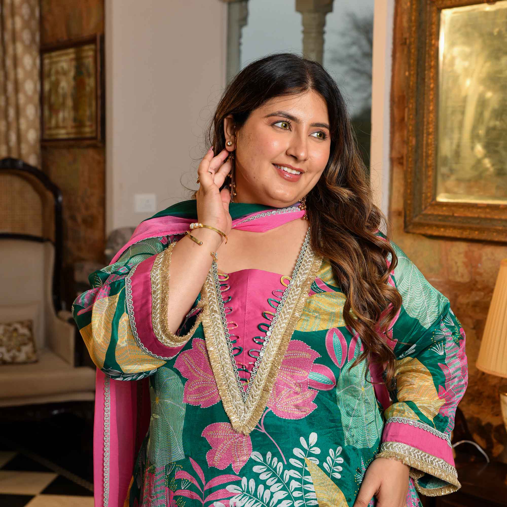 Water Lily- Teal Tropical Printed Pure Organza Suit Set