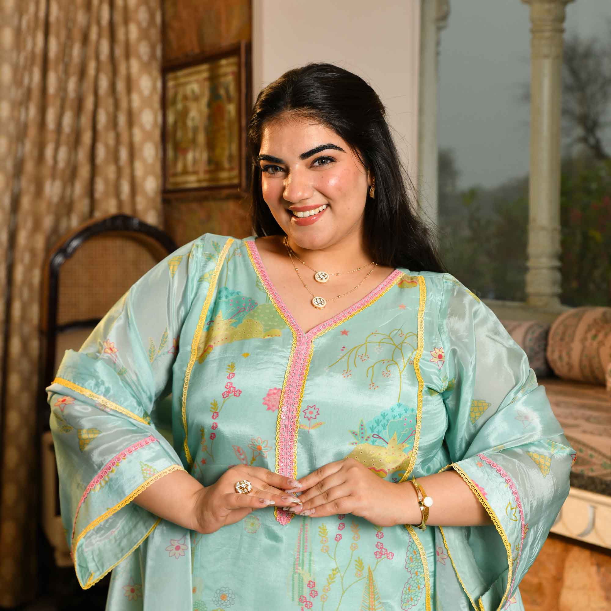 Misty Mimosa- Light Blue-green Floral Printed Pure Organza Aline Suit Set