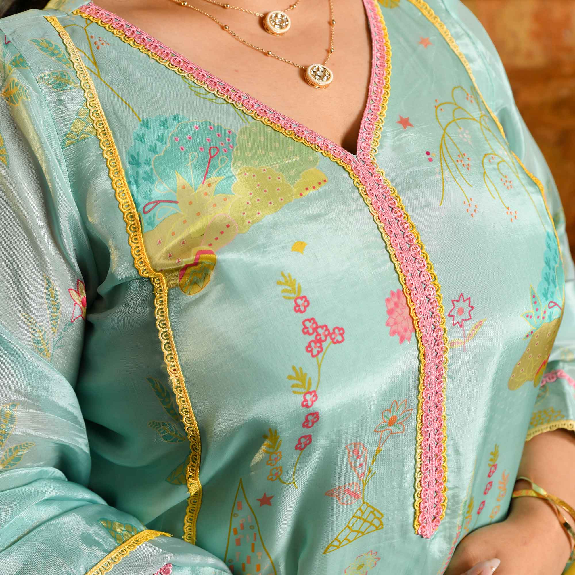 Misty Mimosa- Light Blue-green Floral Printed Pure Organza Aline Suit Set