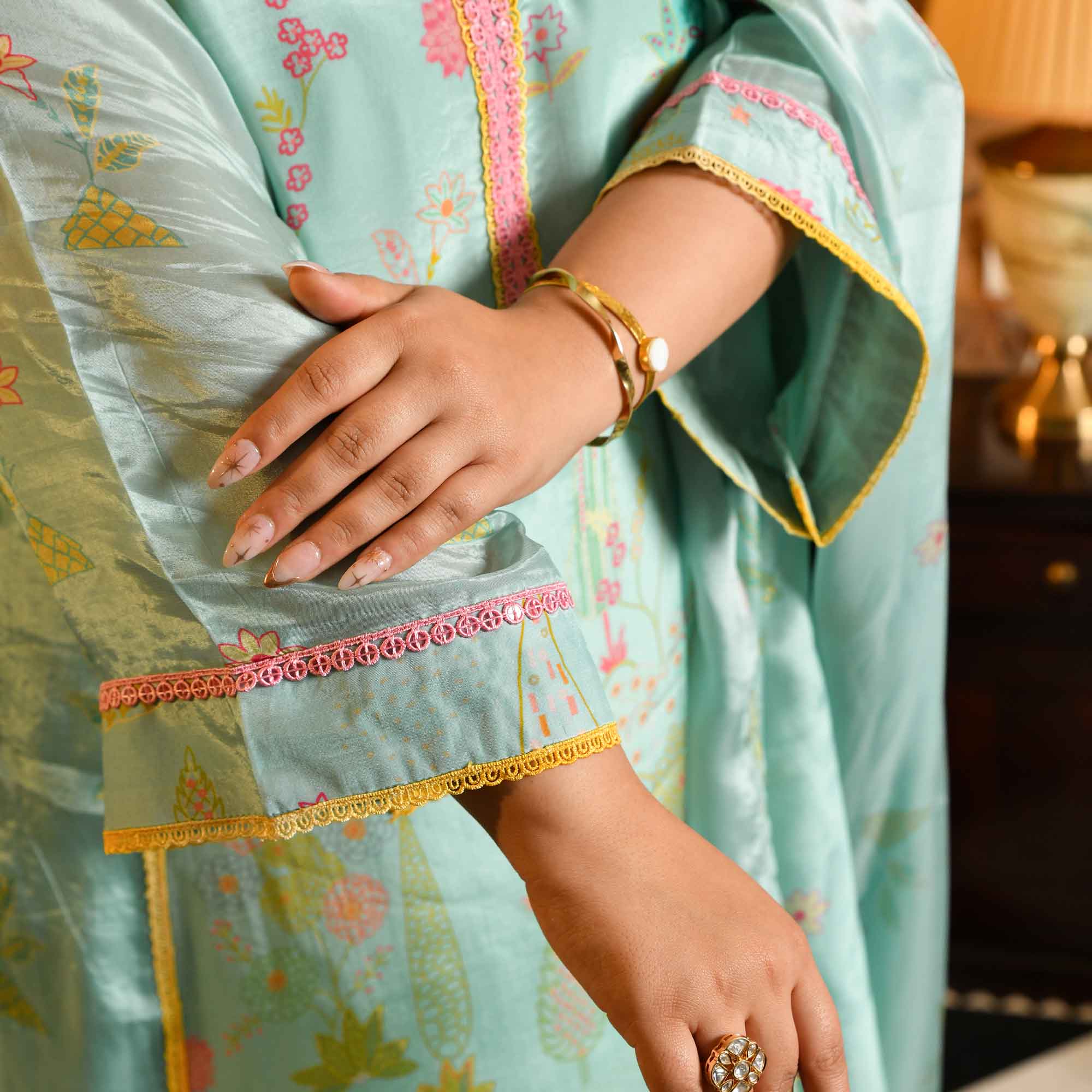 Misty Mimosa- Light Blue-green Floral Printed Pure Organza Aline Suit Set