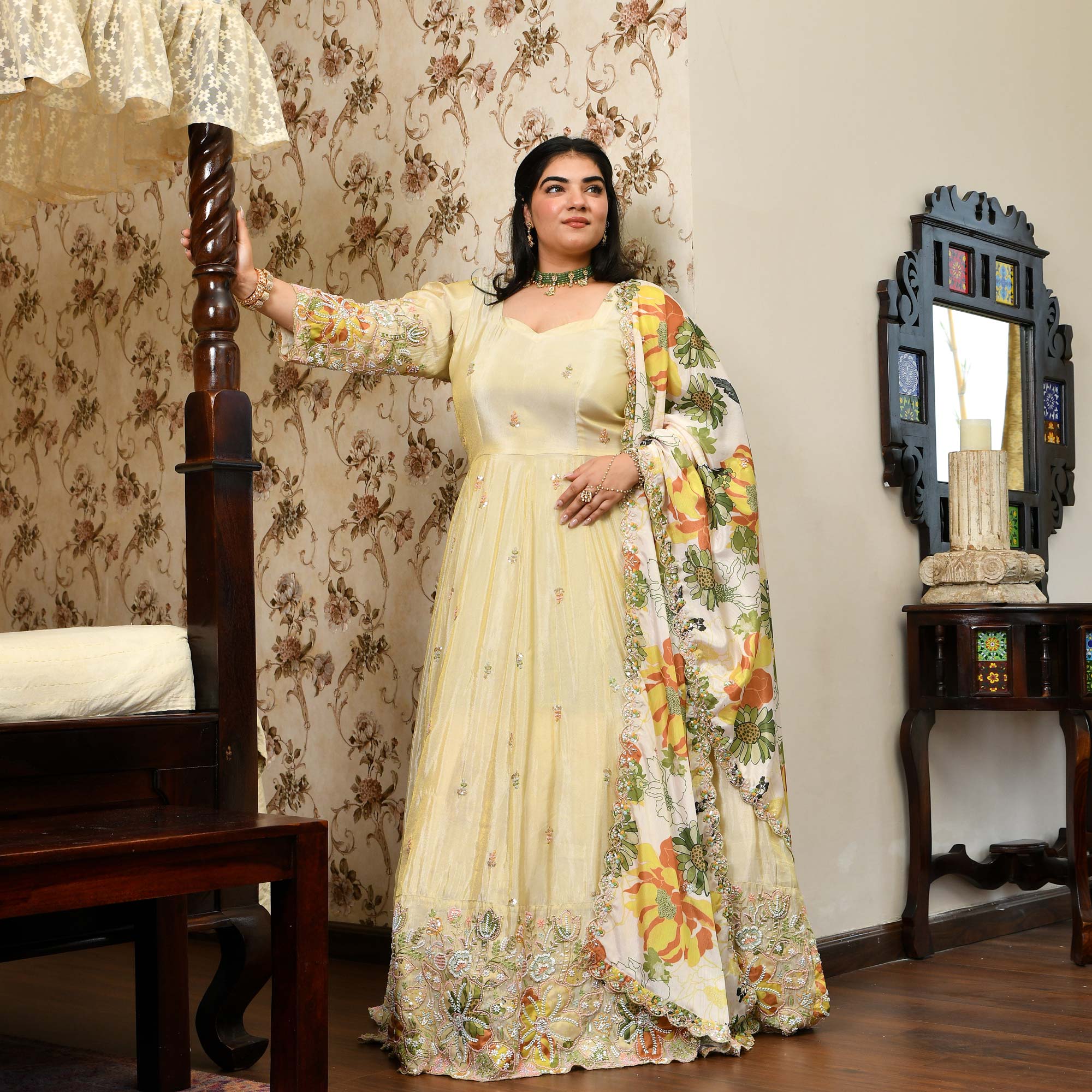 Tere Naina- Ivory & Gold  Pure Cosmos Tissue Silk Applique Cutdana Embroidered Anarkali Set