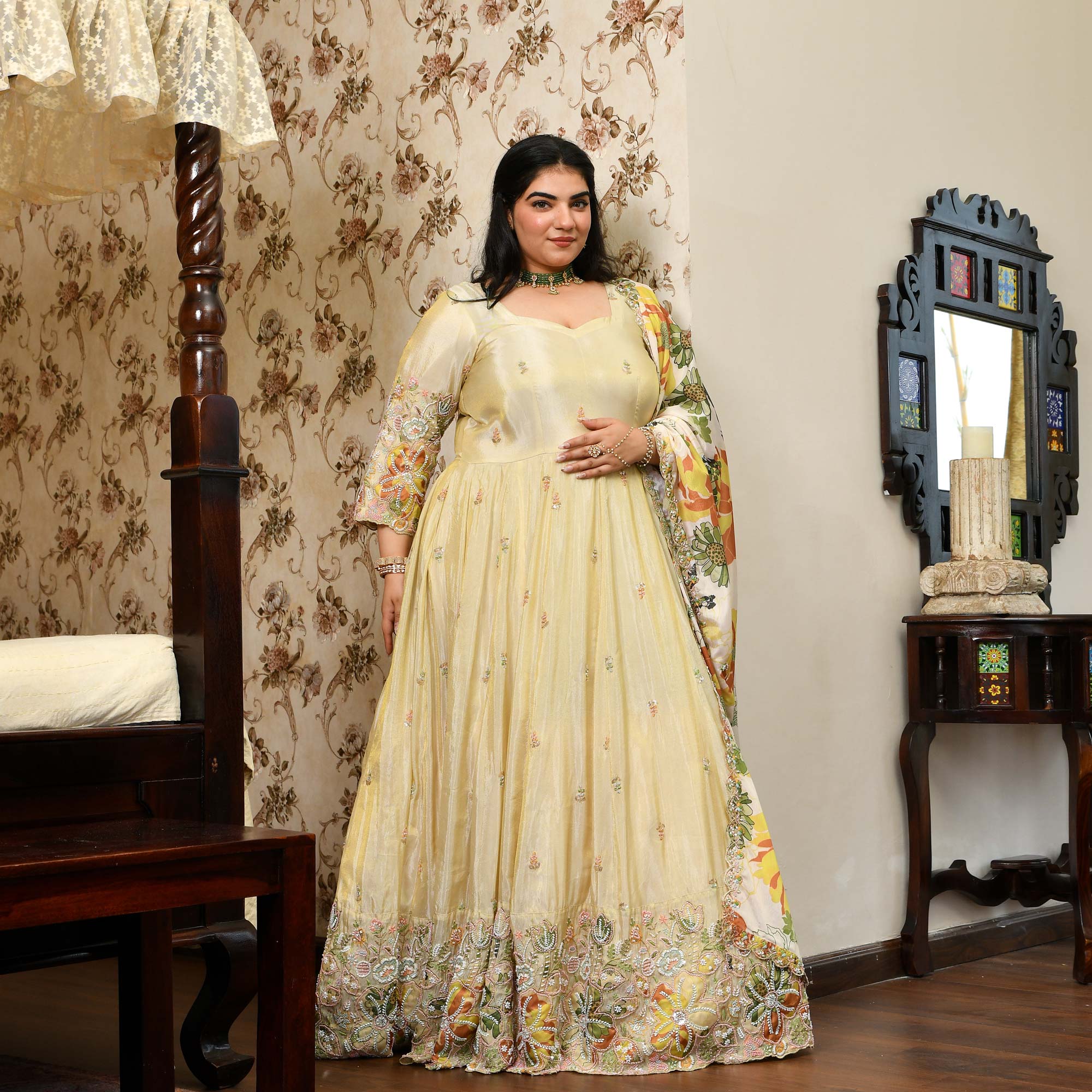 Tere Naina- Ivory & Gold  Pure Cosmos Tissue Silk Applique Cutdana Embroidered Anarkali Set