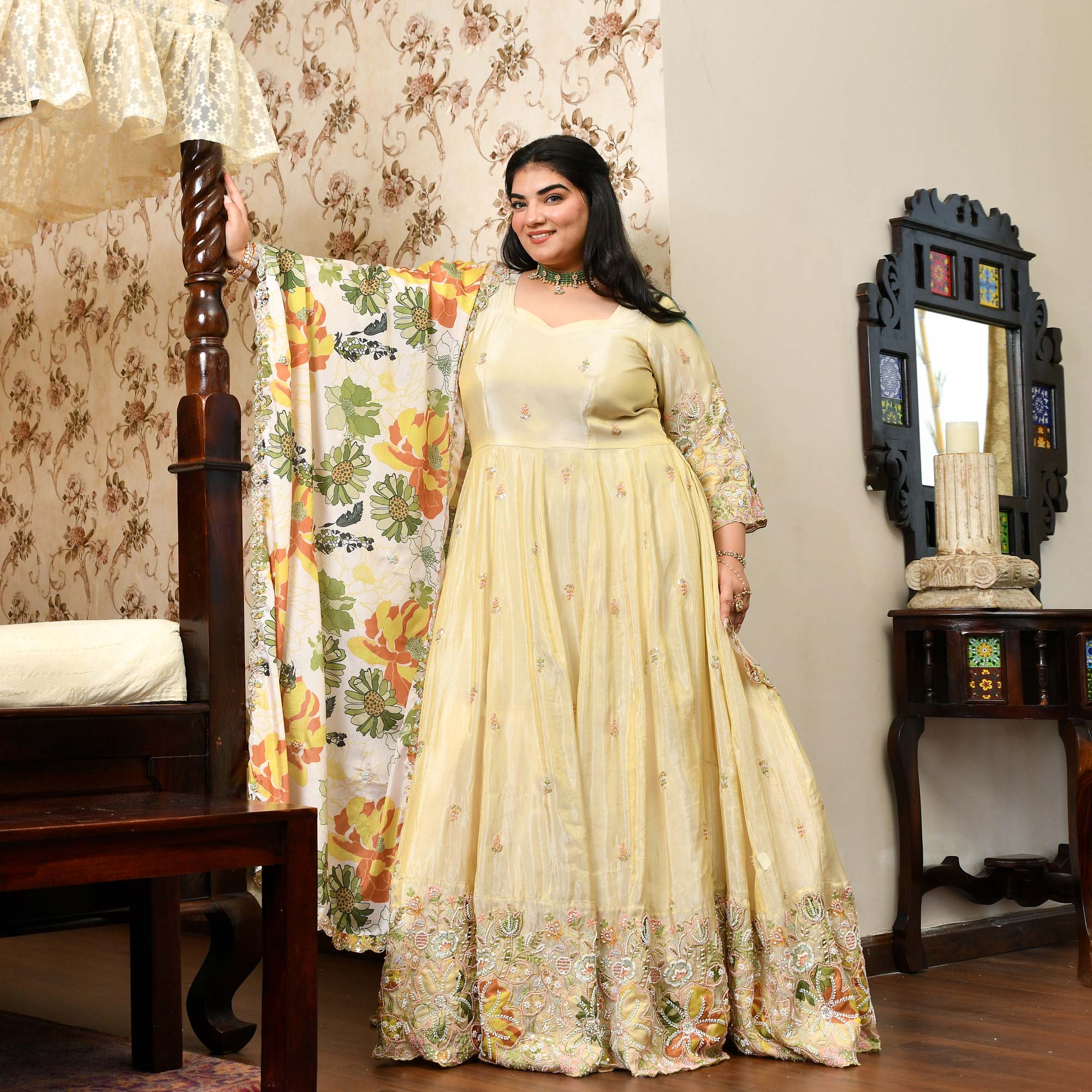 Tere Naina- Ivory & Gold  Pure Cosmos Tissue Silk Applique Cutdana Embroidered Anarkali Set