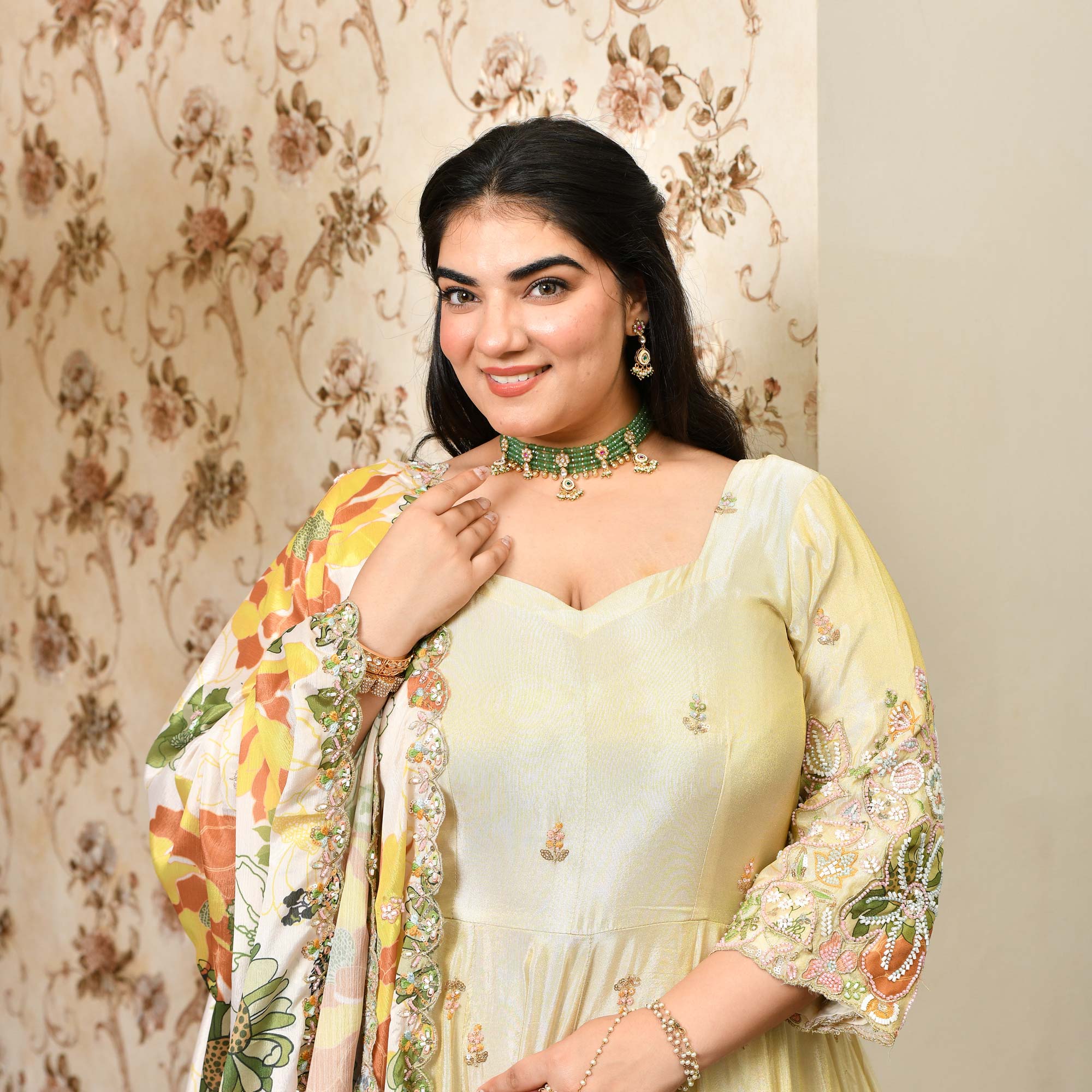 Tere Naina- Ivory & Gold  Pure Cosmos Tissue Silk Applique Cutdana Embroidered Anarkali Set