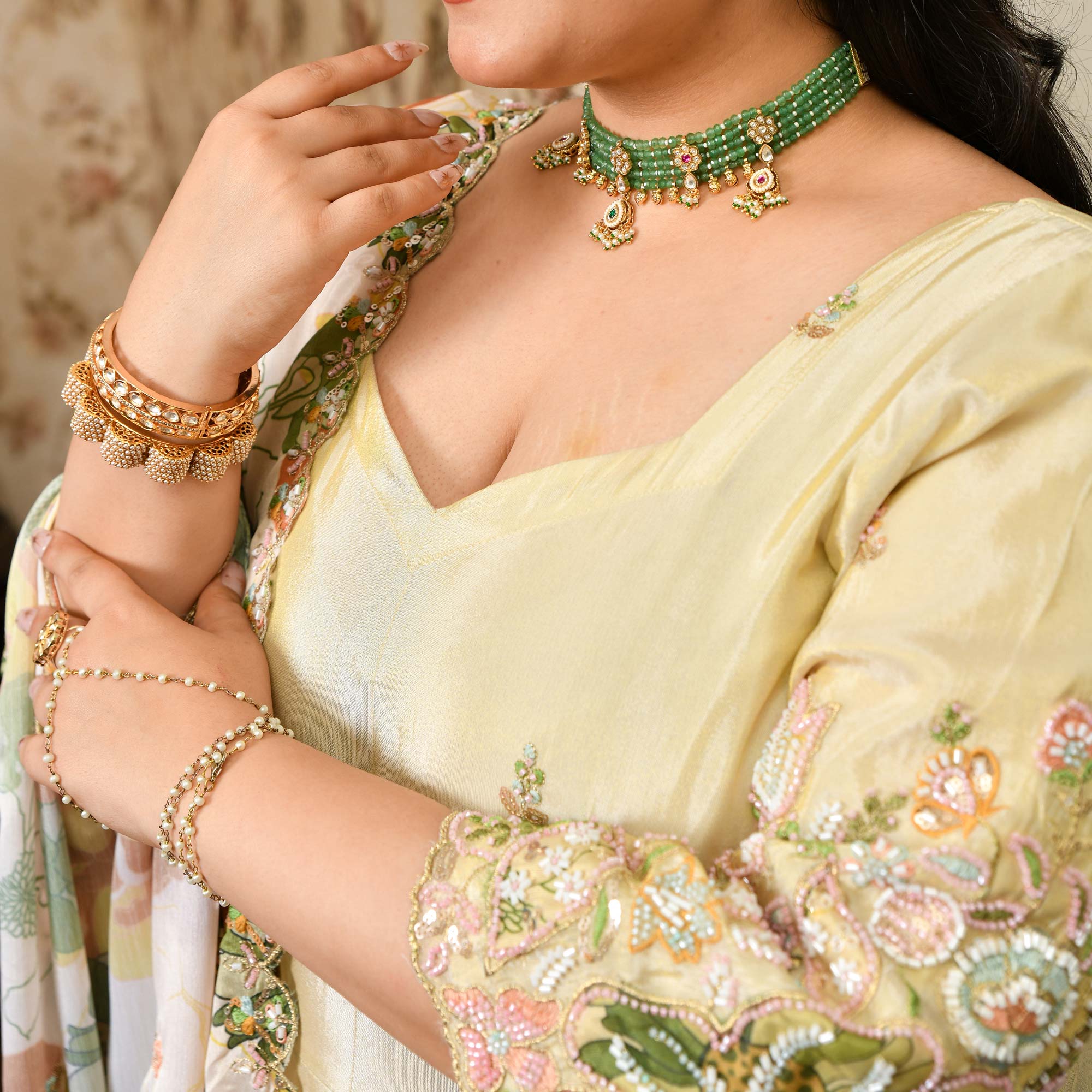 Tere Naina- Ivory & Gold  Pure Cosmos Tissue Silk Applique Cutdana Embroidered Anarkali Set
