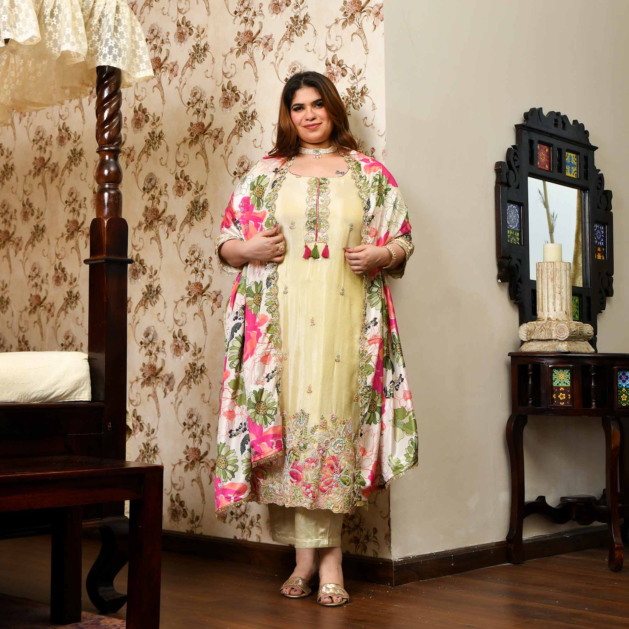 Teri Deewani- Ivory & Gold Pure Cosmos Tissue Silk Cutdana Embroidered Suit Set