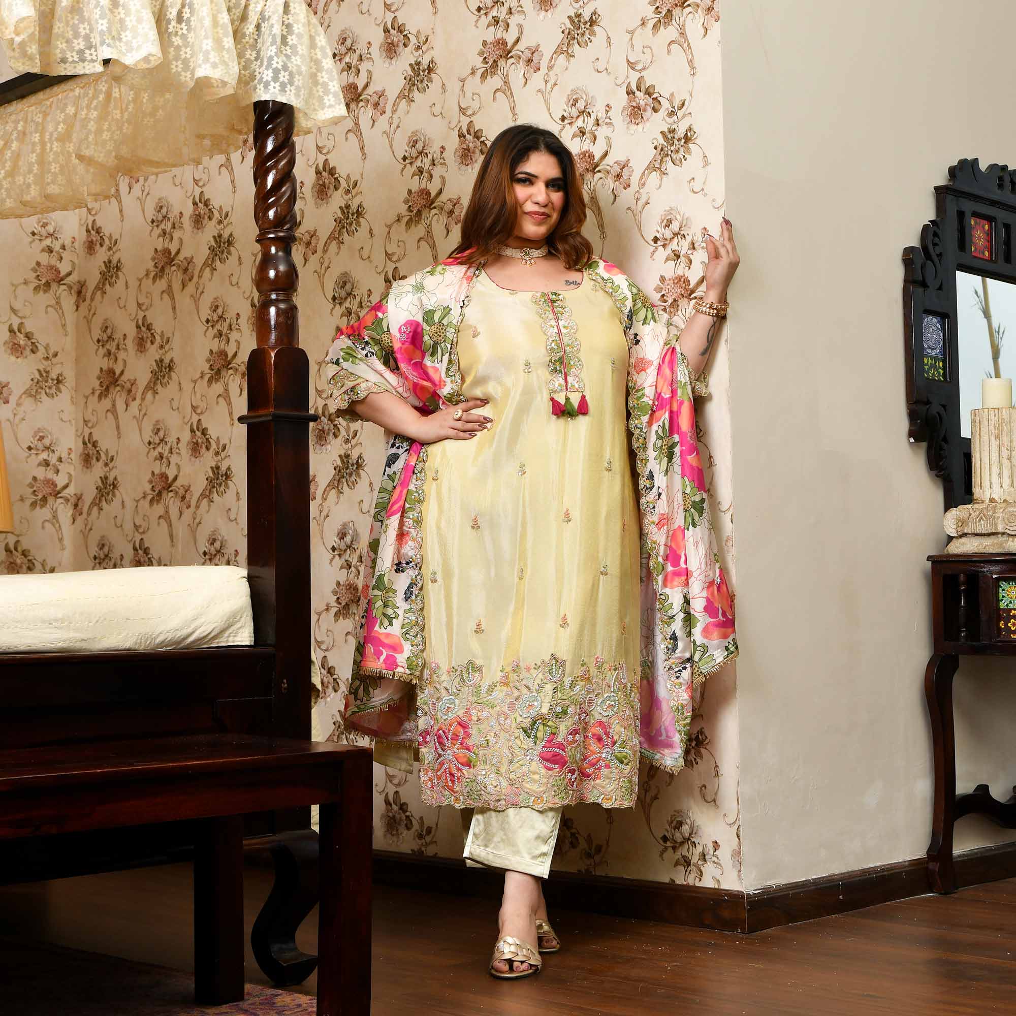Teri Deewani- Ivory & Gold Pure Cosmos Tissue Silk Cutdana Embroidered Suit Set
