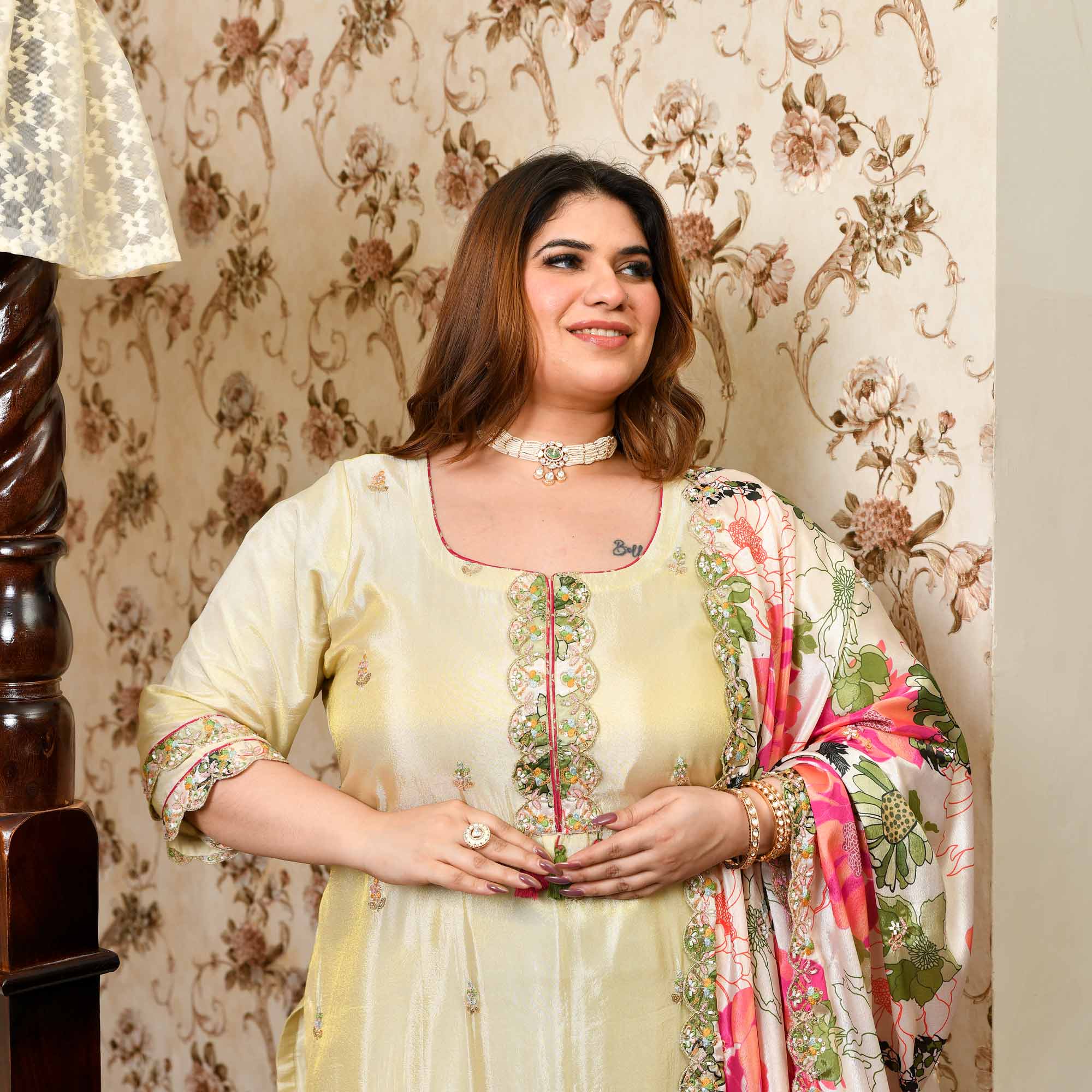 Teri Deewani- Ivory & Gold Pure Cosmos Tissue Silk Cutdana Embroidered Suit Set
