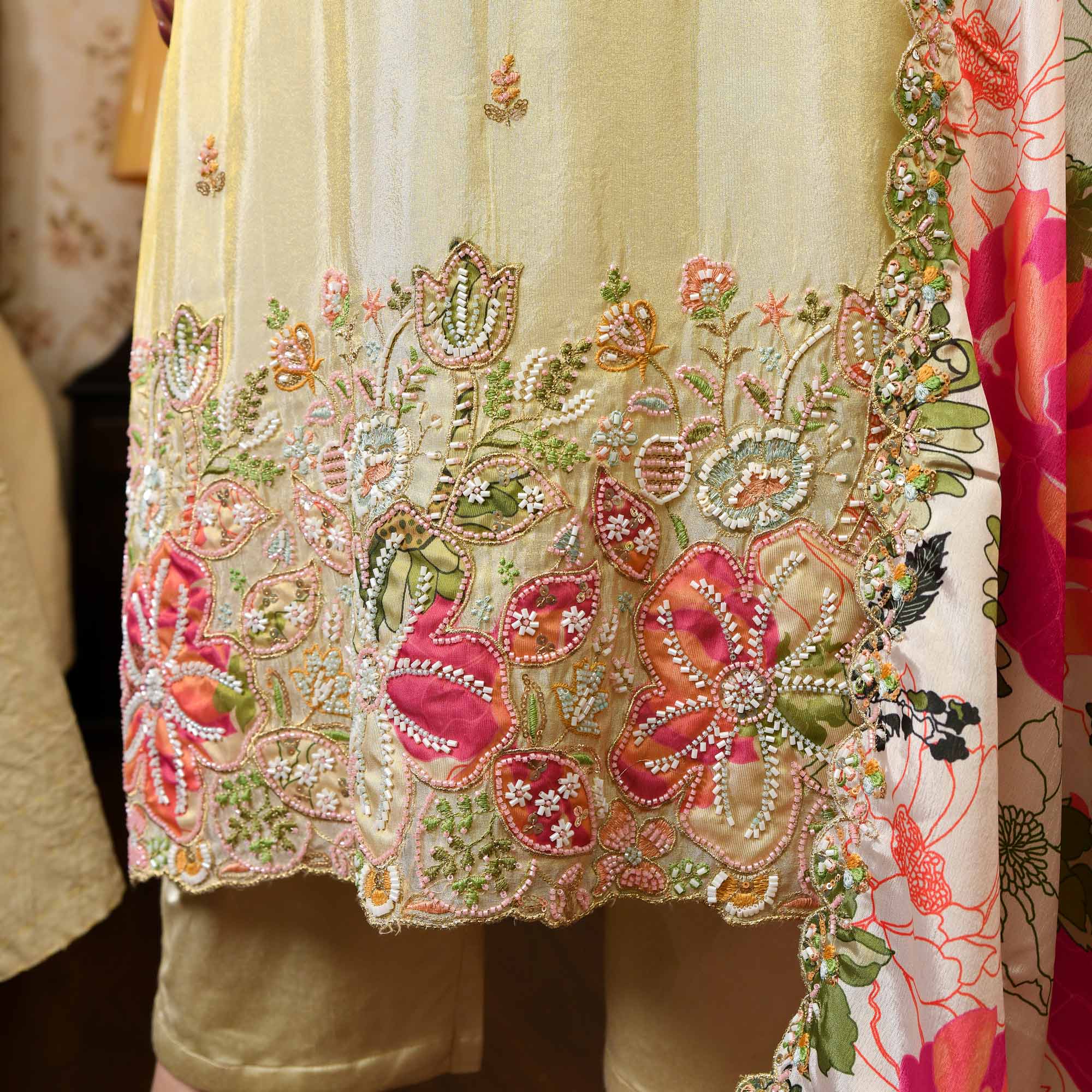 Teri Deewani- Ivory & Gold Pure Cosmos Tissue Silk Cutdana Embroidered Suit Set