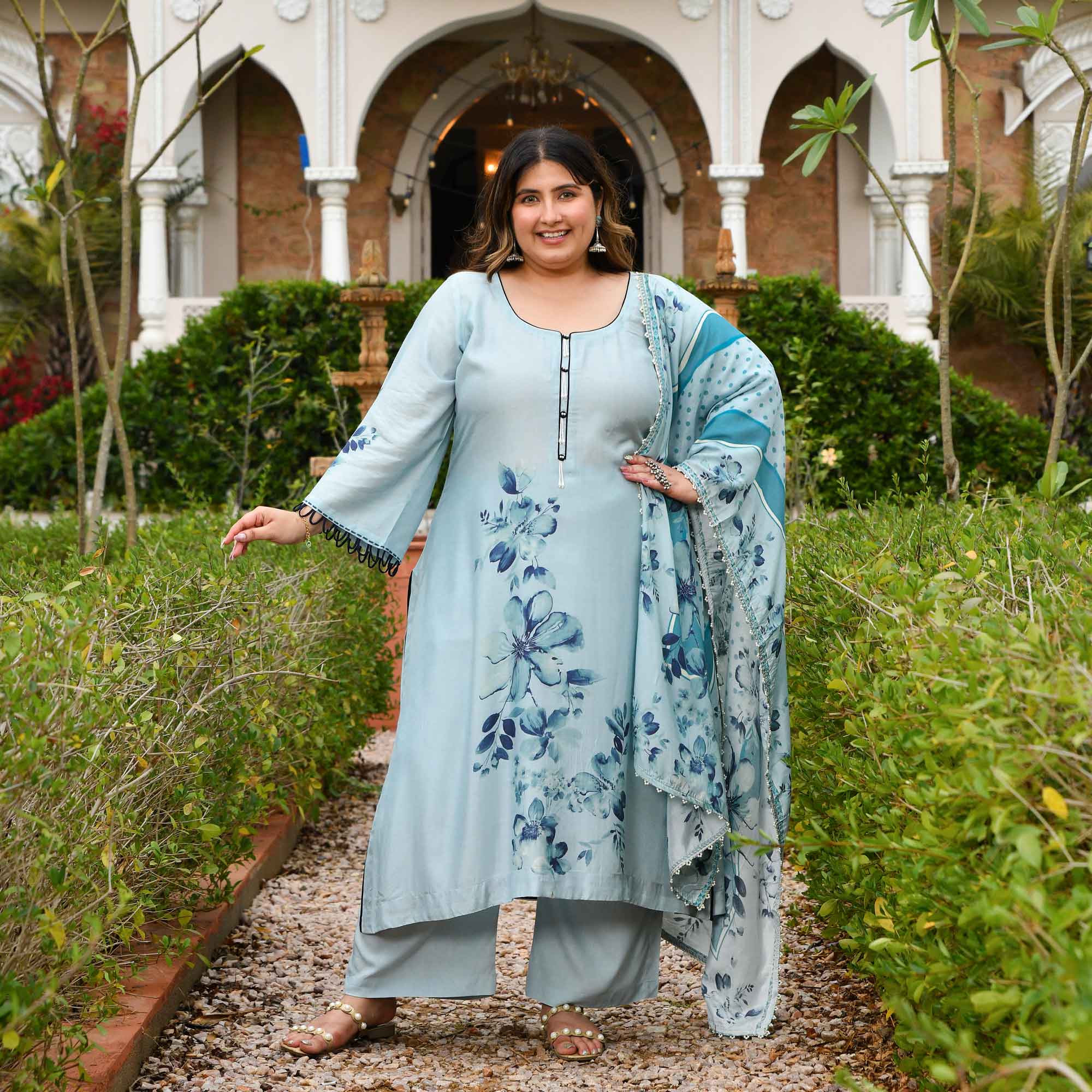 Pearl Dream- Light Steel Blue Floral Printed Pure Muslin Suit Set