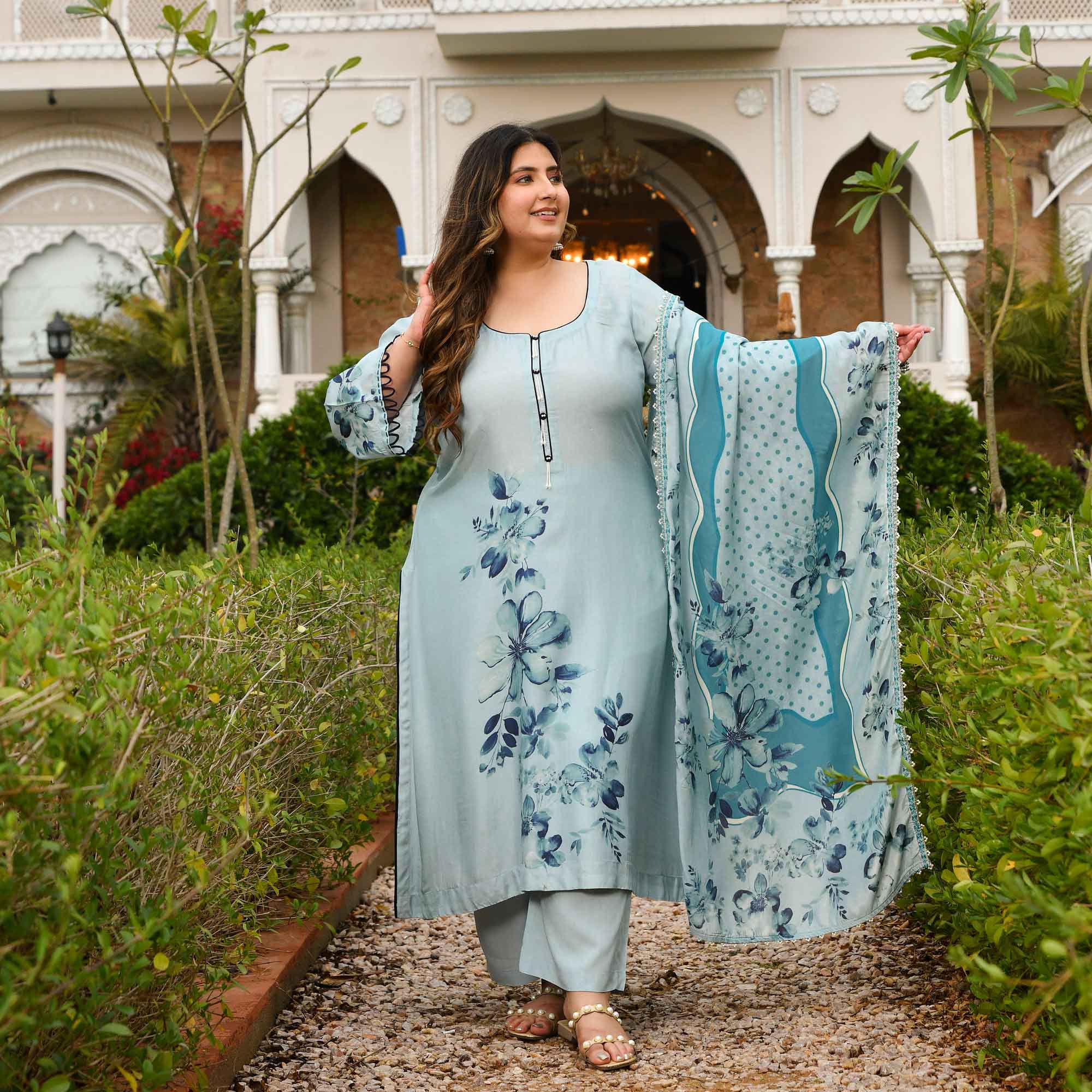 Pearl Dream- Light Steel Blue Floral Printed Pure Muslin Suit Set
