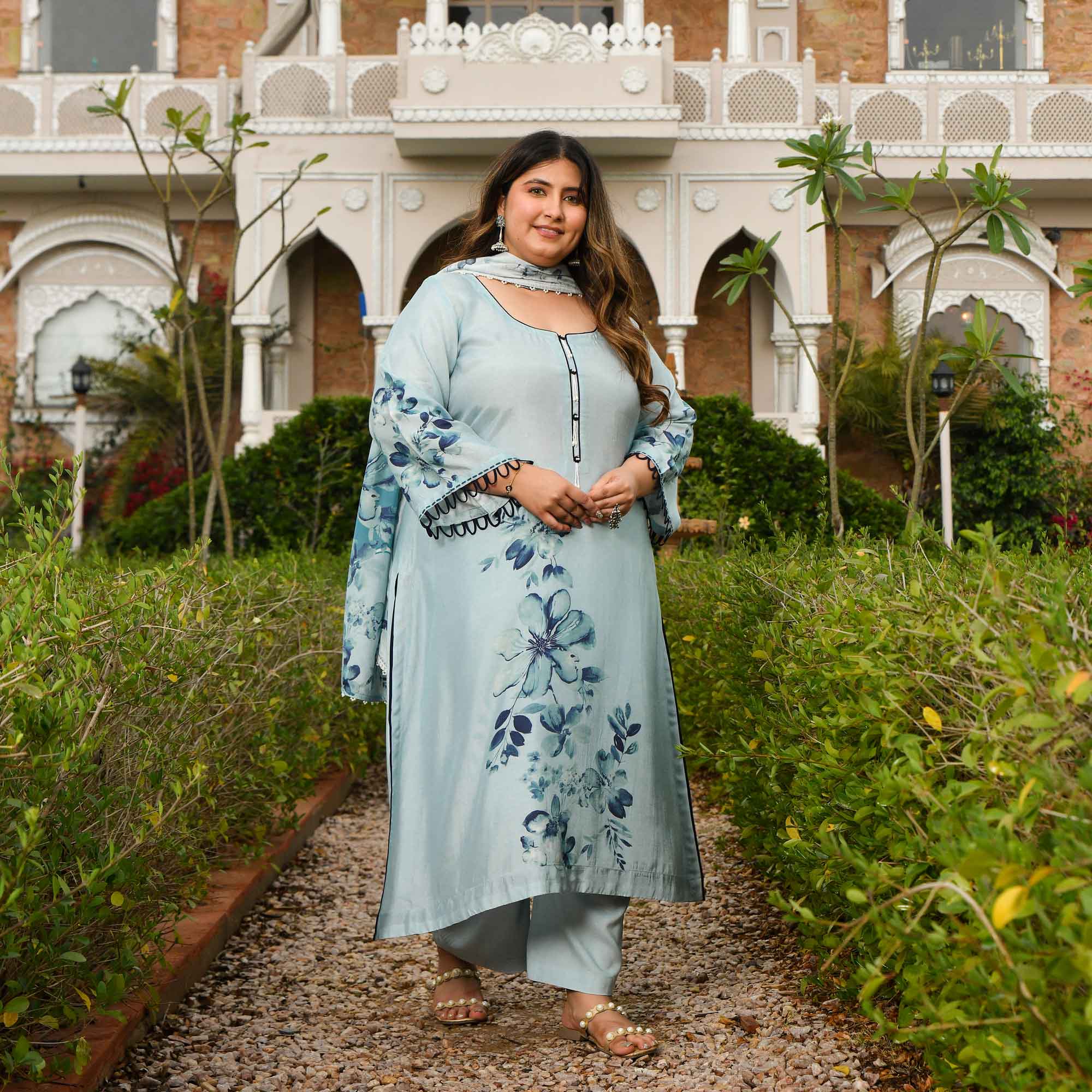 Pearl Dream- Light Steel Blue Floral Printed Pure Muslin Suit Set
