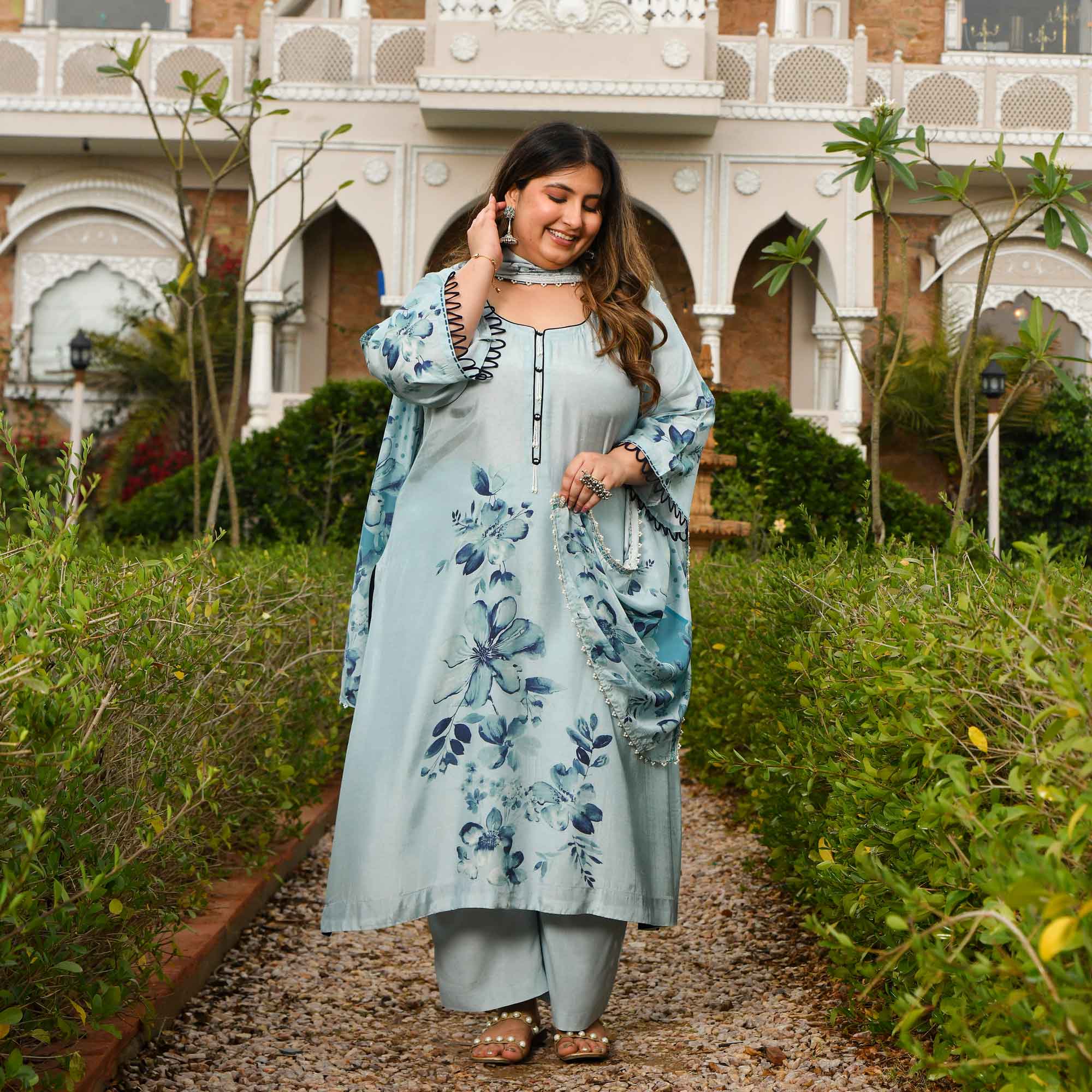 Pearl Dream- Light Steel Blue Floral Printed Pure Muslin Suit Set