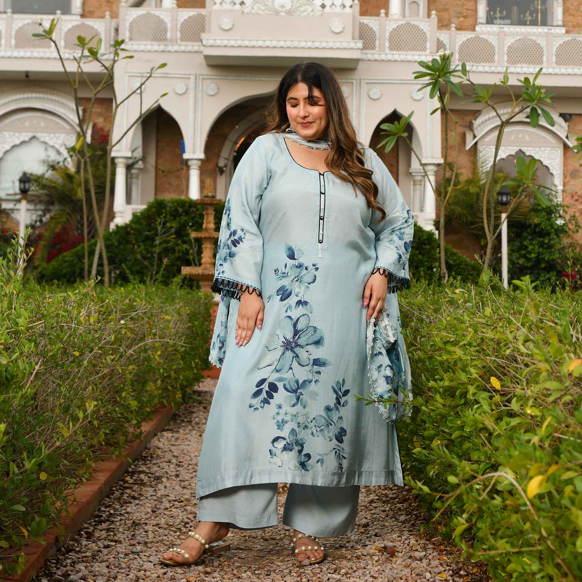 Pearl Dream- Light Steel Blue Floral Printed Pure Muslin Suit Set