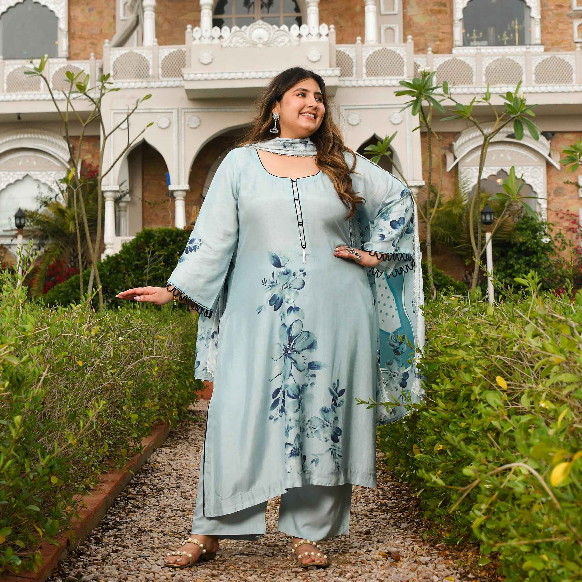 Pearl Dream- Light Steel Blue Floral Printed Pure Muslin Suit Set