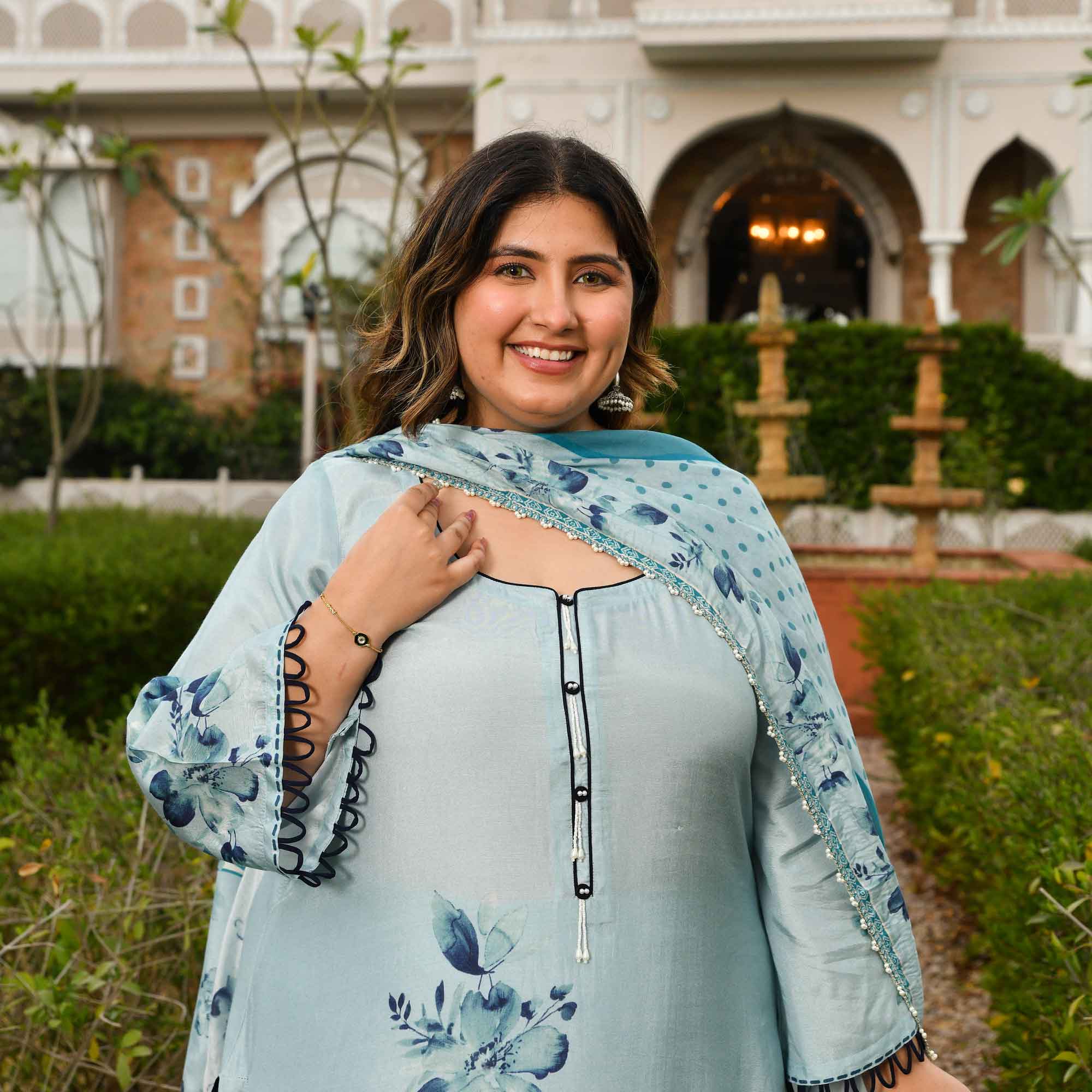Pearl Dream- Light Steel Blue Floral Printed Pure Muslin Suit Set