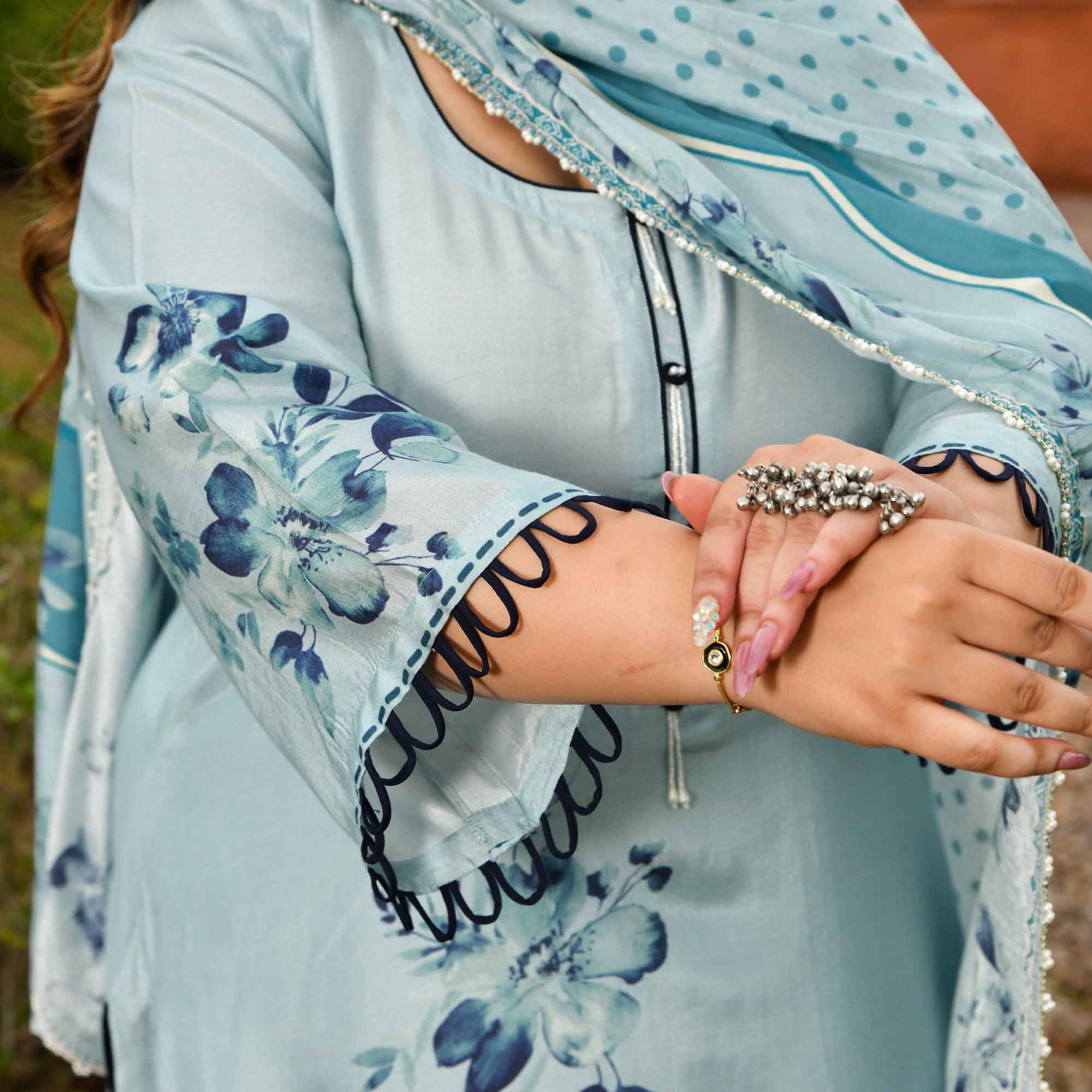 Pearl Dream- Light Steel Blue Floral Printed Pure Muslin Suit Set
