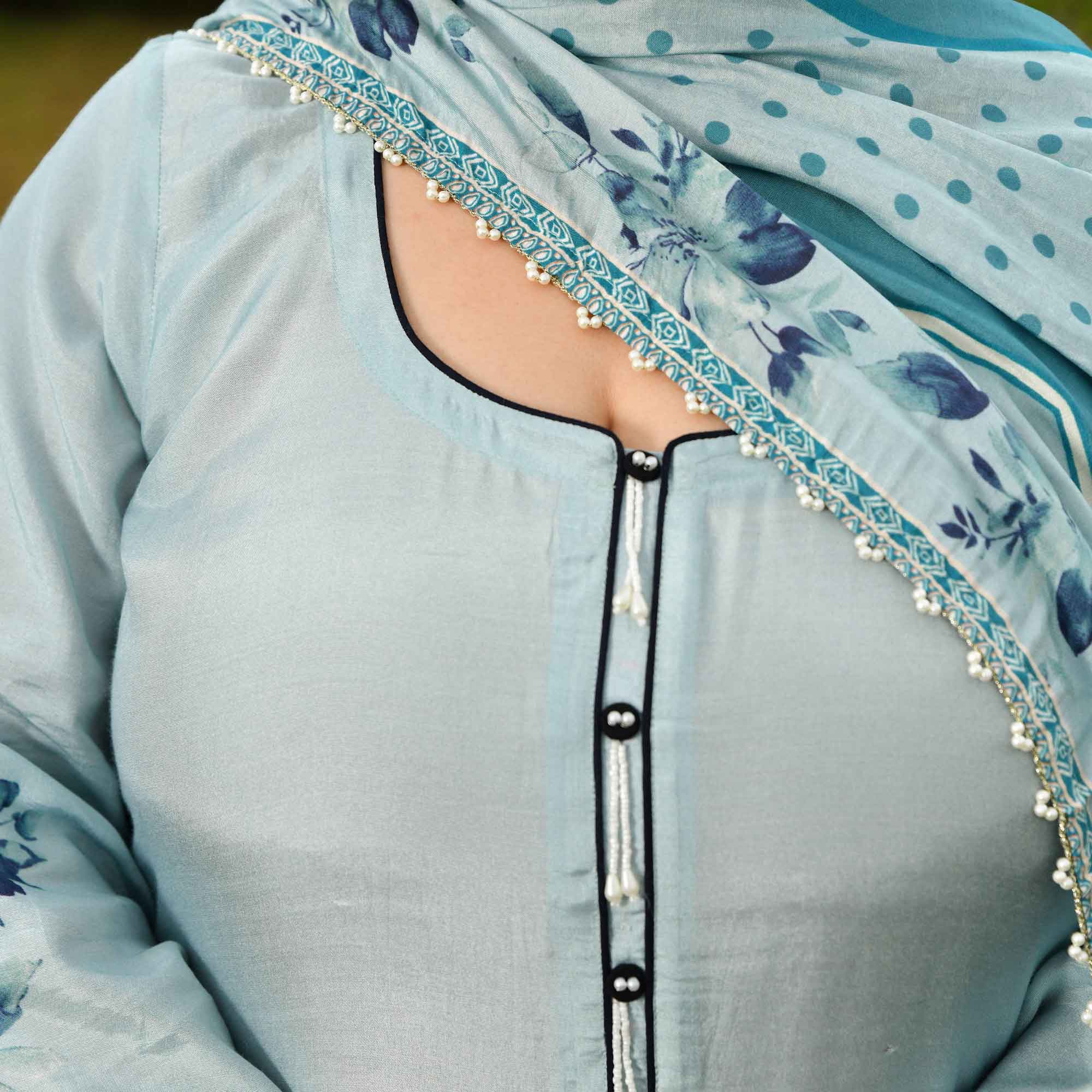 Pearl Dream- Light Steel Blue Floral Printed Pure Muslin Suit Set