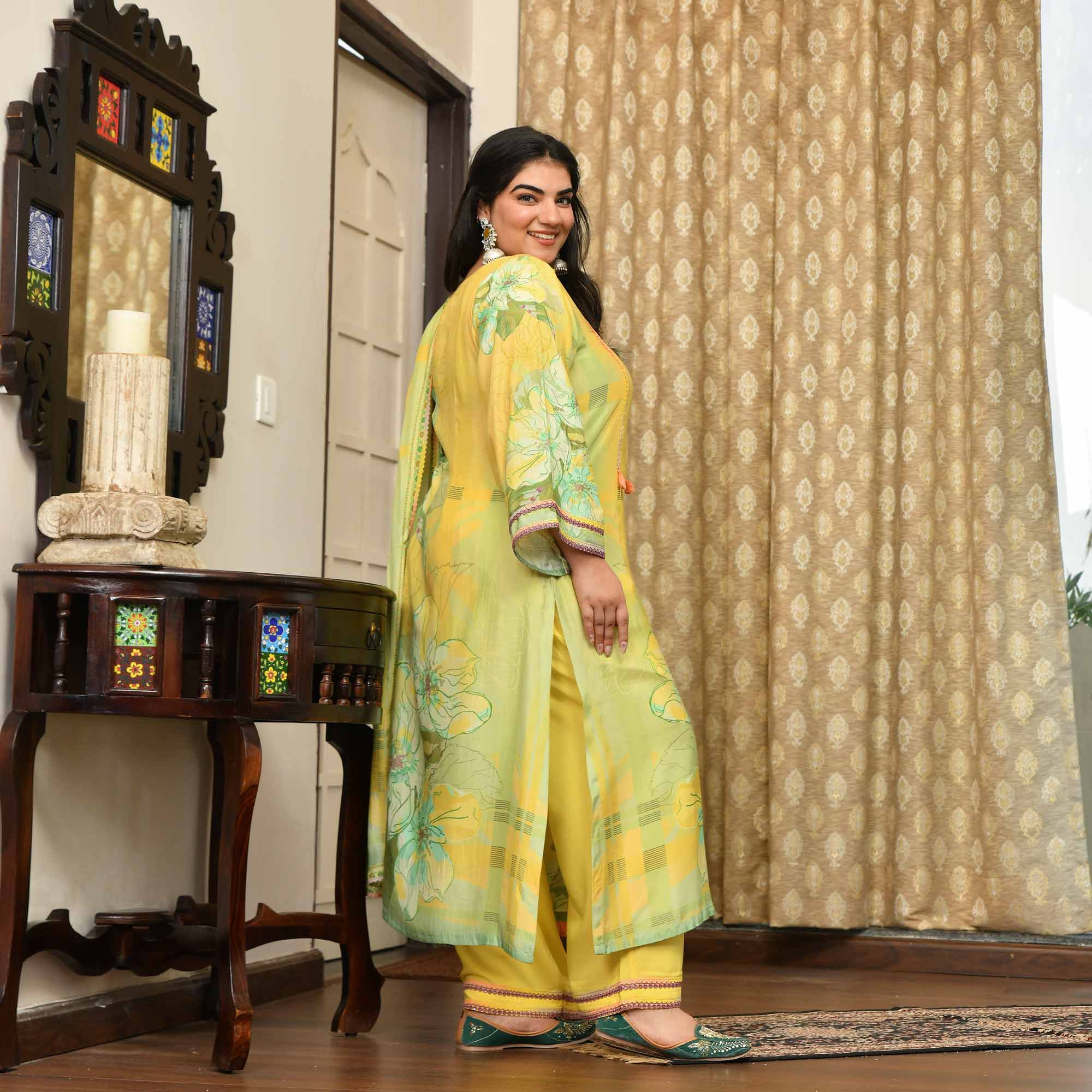 Fresh Lime- Lemon Yellow Floral Pure Muslin Suit Set