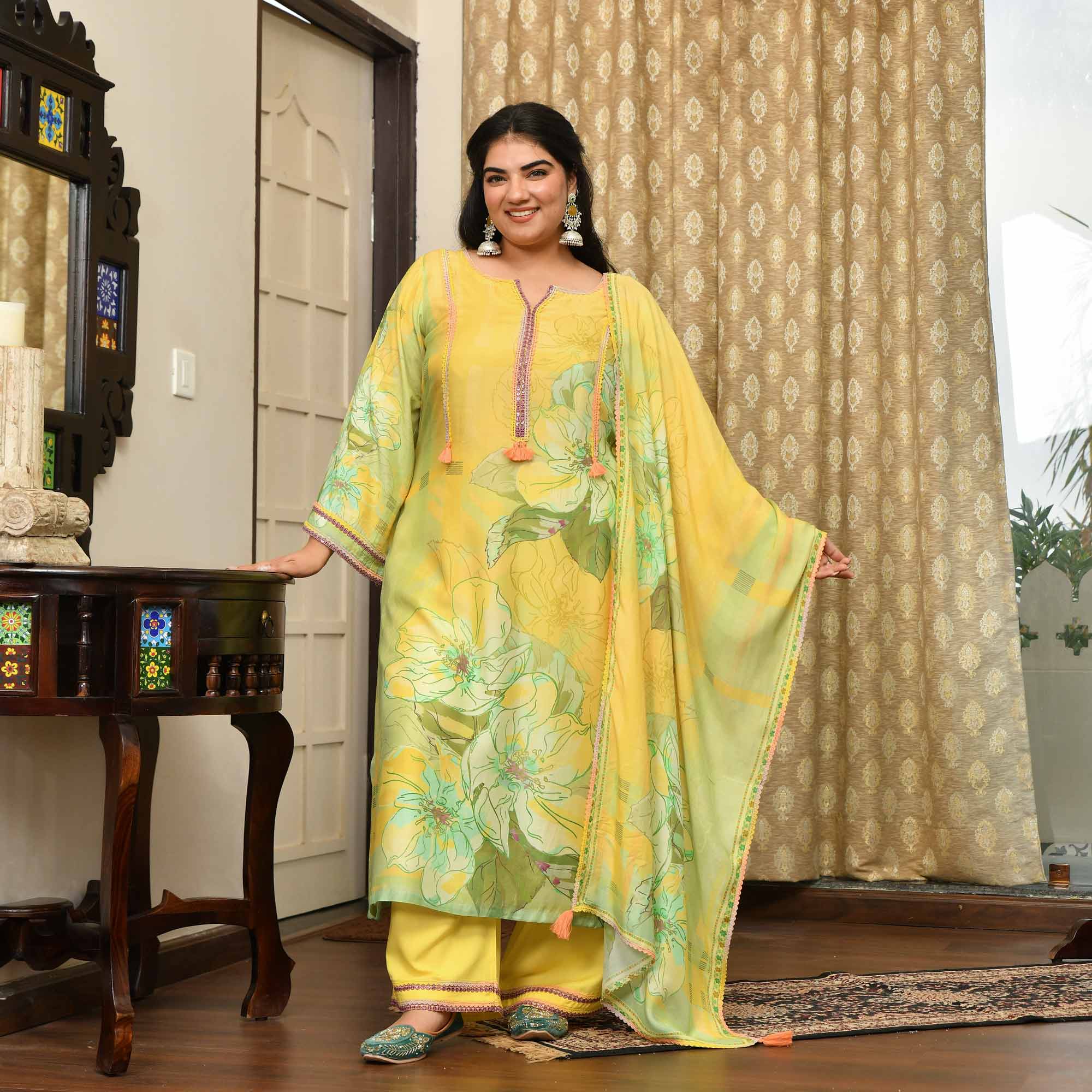 Fresh Lime- Lemon Yellow Floral Pure Muslin Suit Set