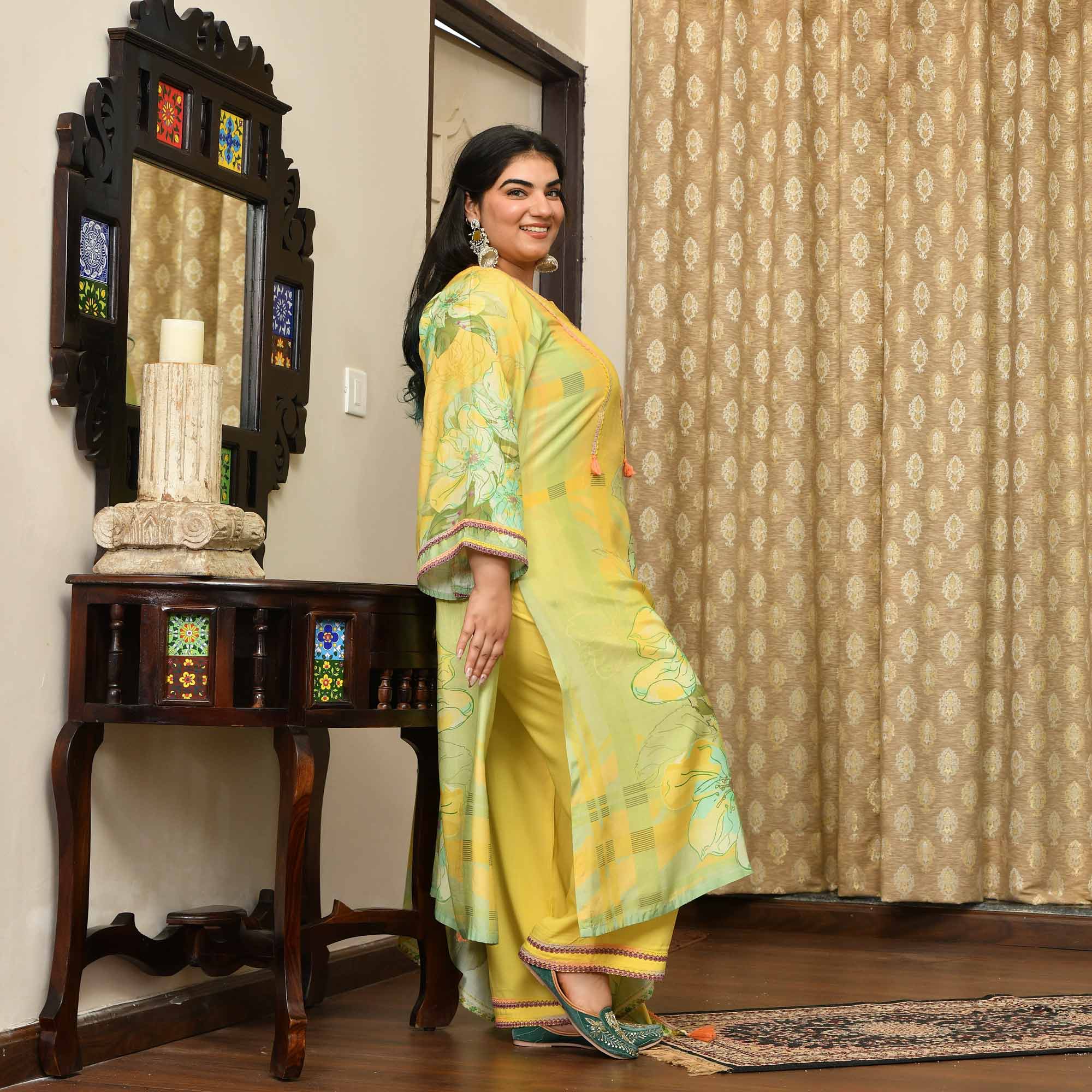 Fresh Lime- Lemon Yellow Floral Pure Muslin Suit Set