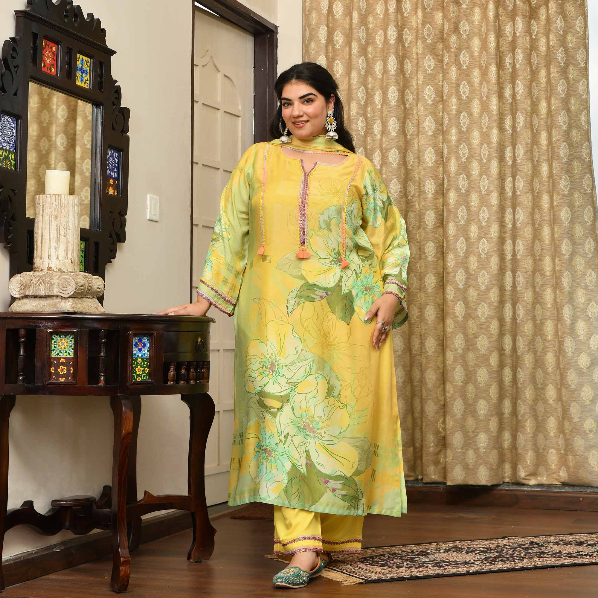 Fresh Lime- Lemon Yellow Floral Pure Muslin Suit Set